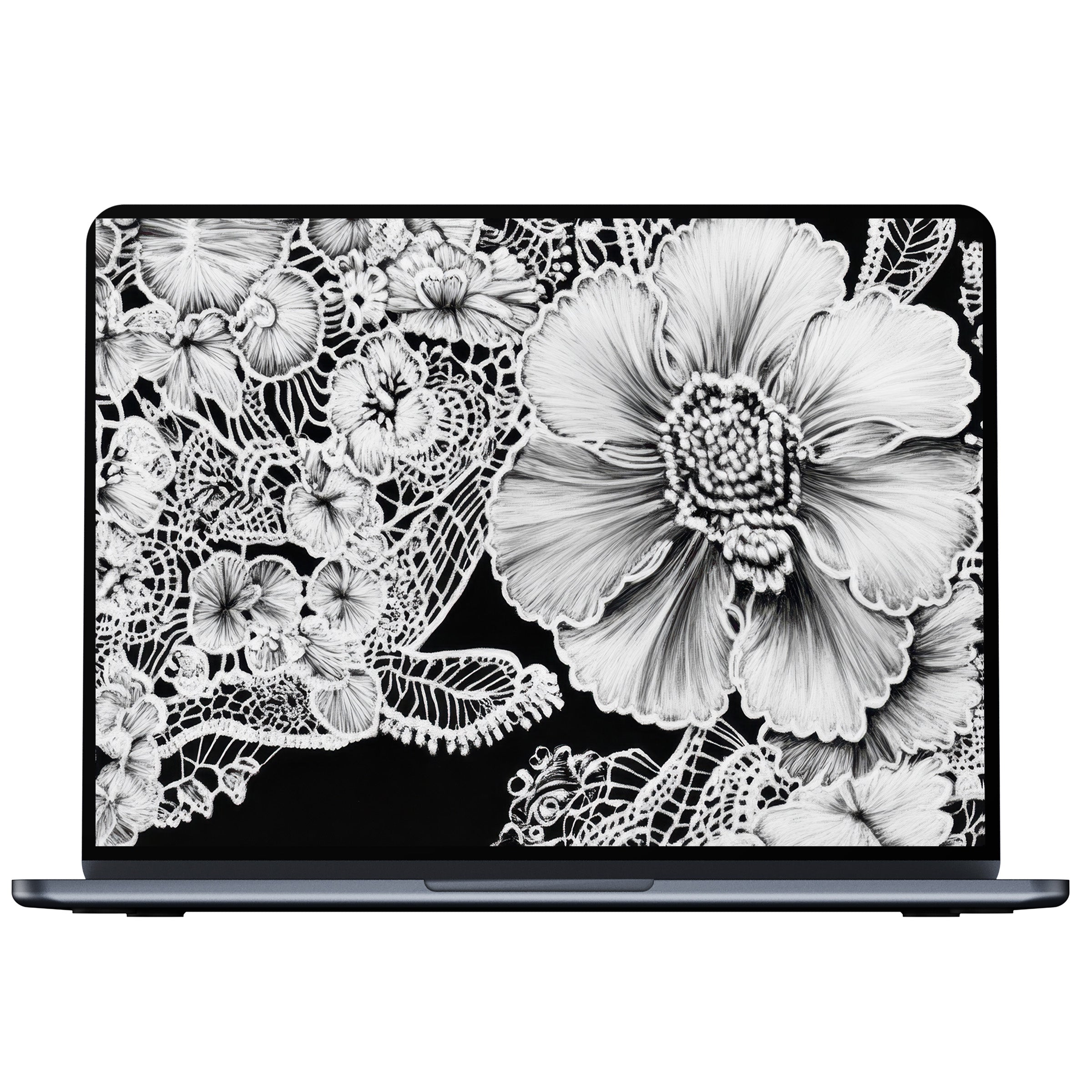 Black and white desktop wallpaper with intricate floral designs offers digital download for PC and laptop creating elegant calm inspiration