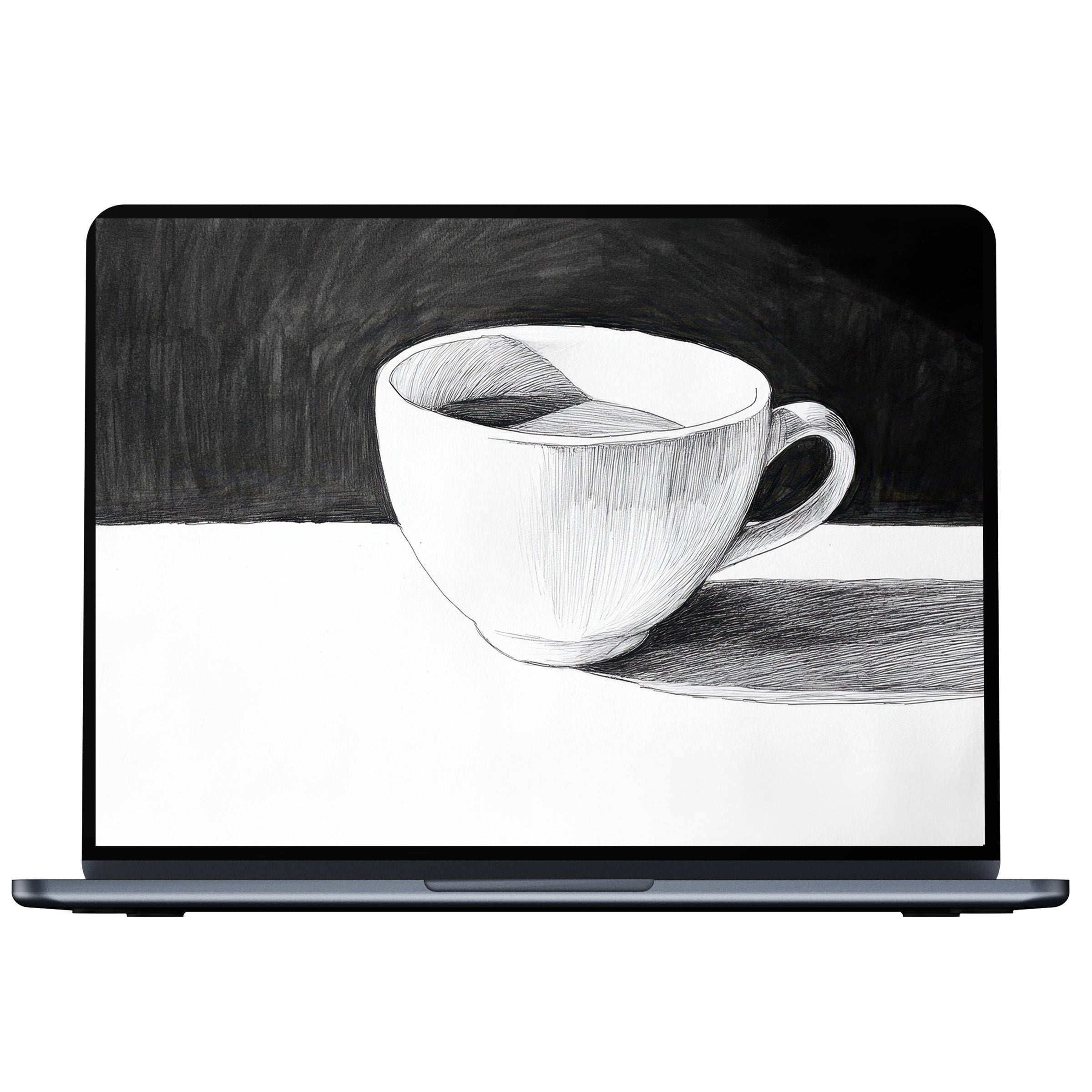 Elegant black and white desktop wallpaper featuring a sketched coffee cup inspires calm for PC, laptop, digital download art