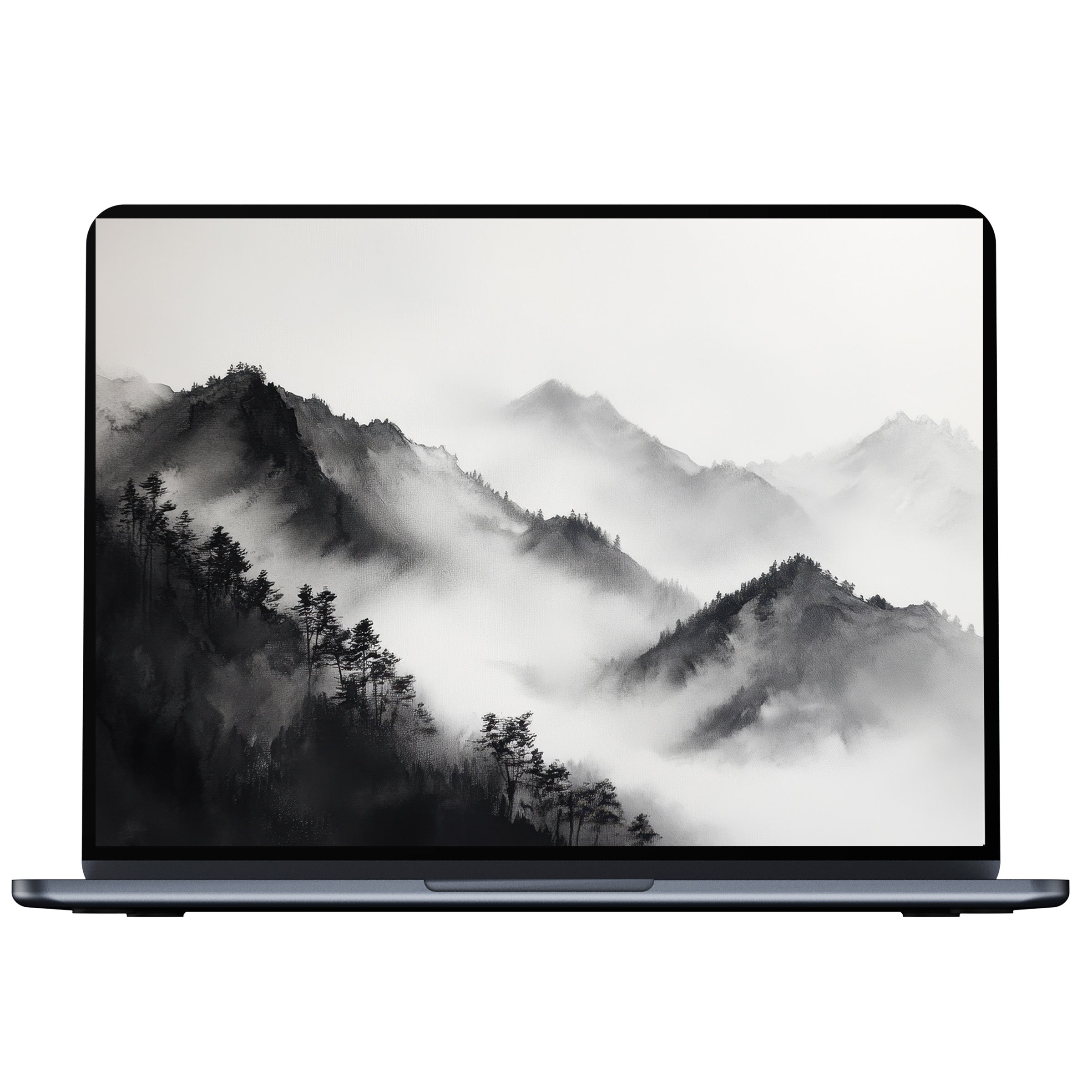Inspire tranquility with this black and white desktop wallpaper featuring misty mountains digital download ideal for PC and laptop
