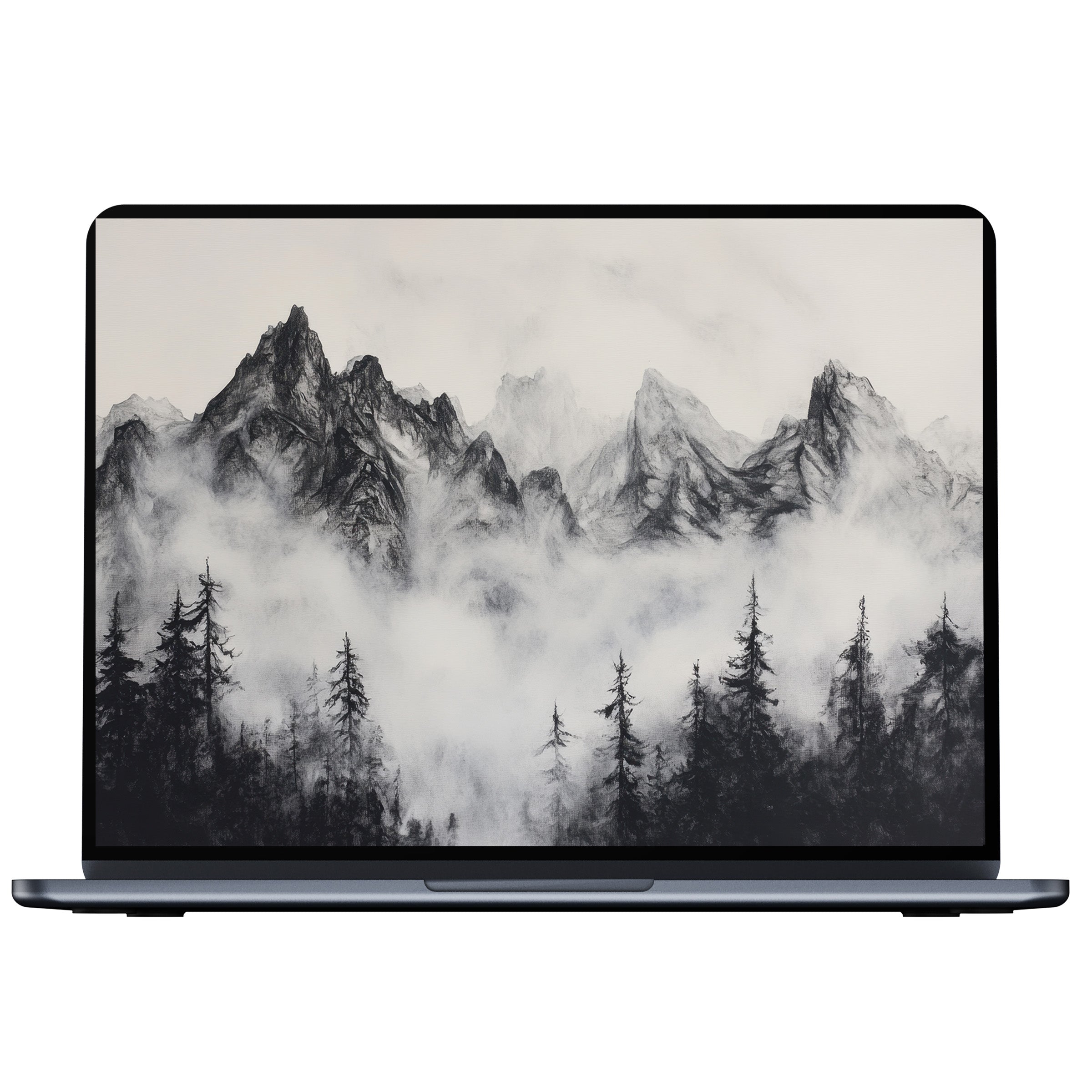 Black and white desktop wallpaper featuring misty mountains and pine trees for digital download fitting PC, Laptop, or Mac