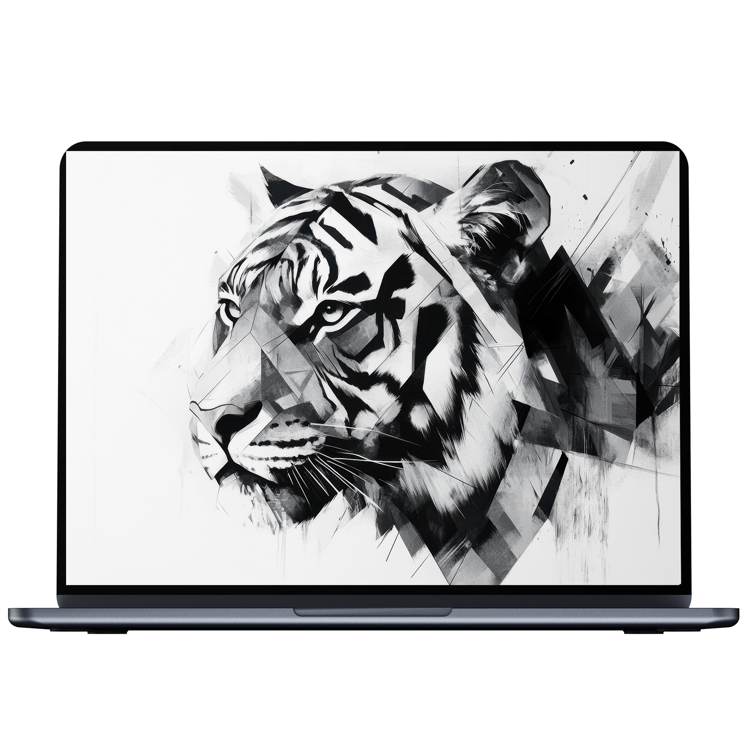 Abstract black and white desktop wallpaper featuring a geometric tiger design for PC and laptop digital download elegance