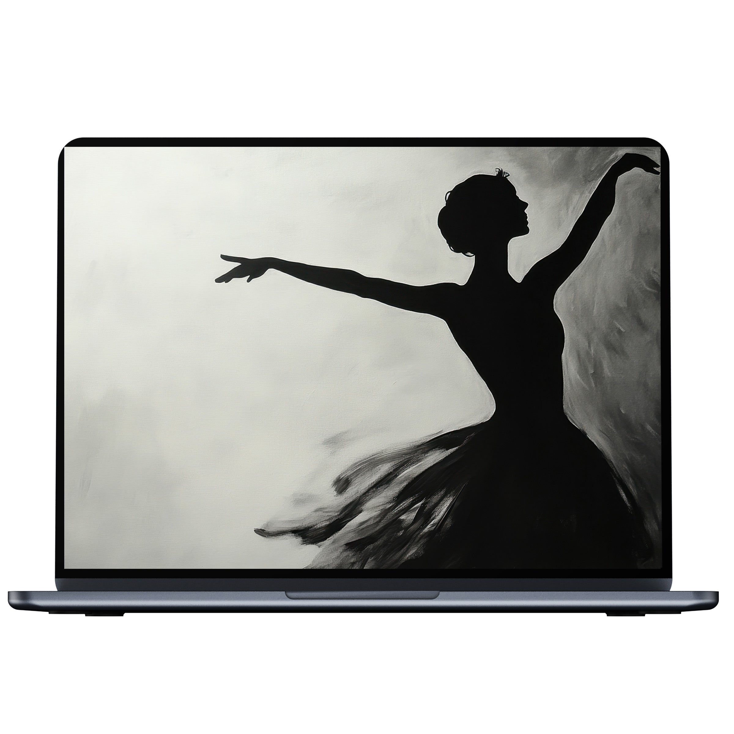 Black and white desktop wallpaper showcasing a graceful ballerina silhouette oil painting, perfect for digital download on PC or laptop