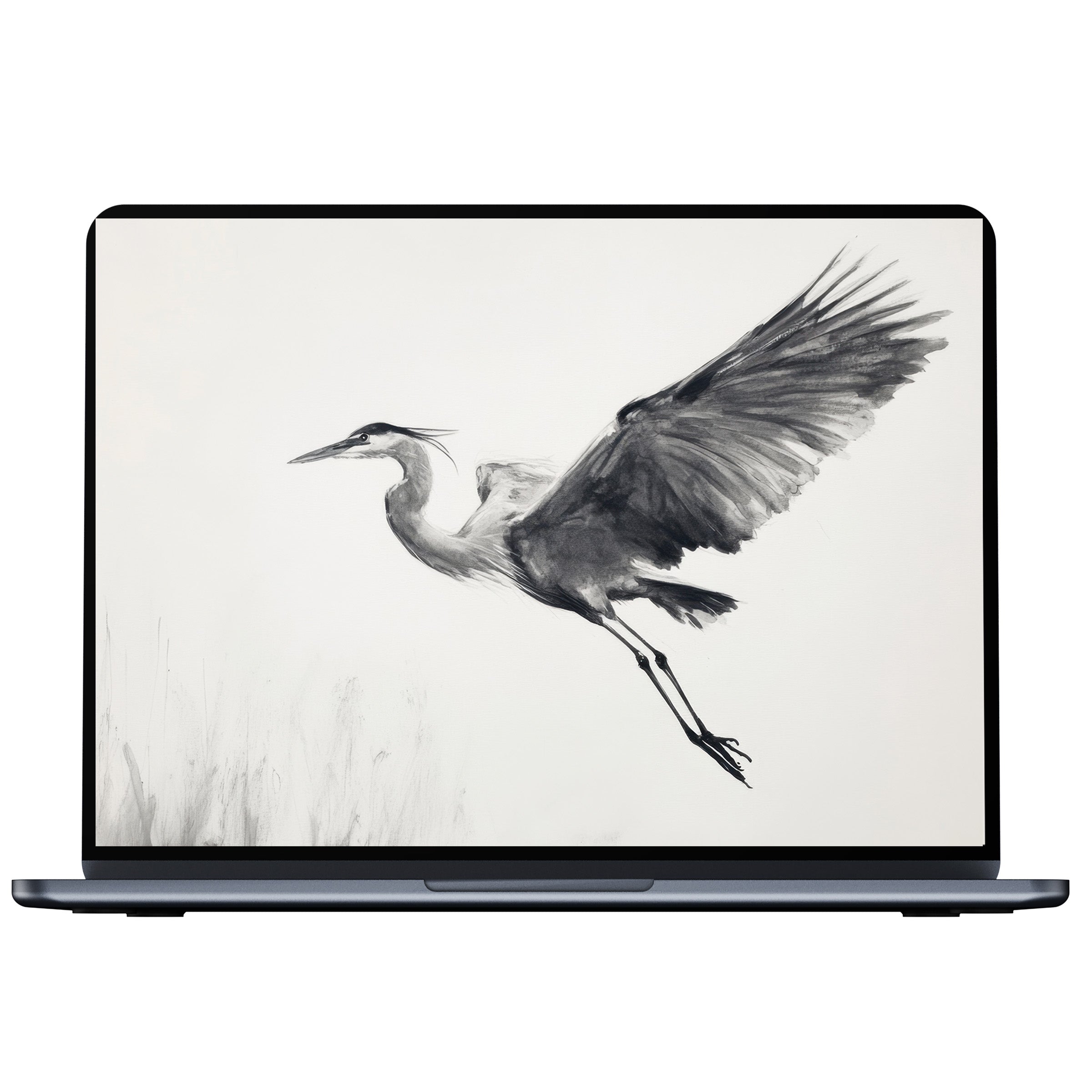 Elegant black and white desktop wallpaper featuring a graceful flying heron watercolor for digital download on PC or laptop