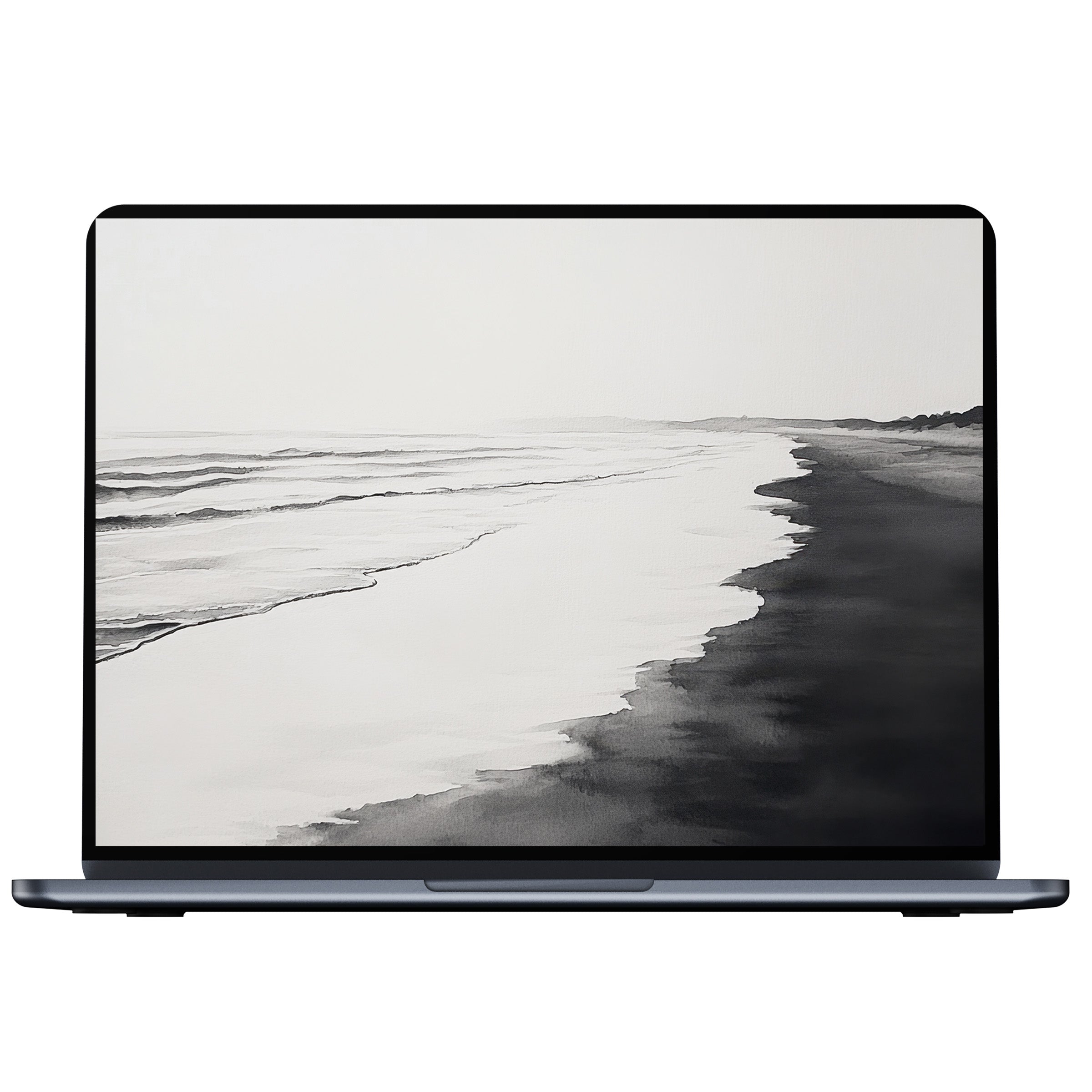 Black and white desktop wallpaper of serene beach waves offers calm and elegance; perfect digital download for PC or laptop