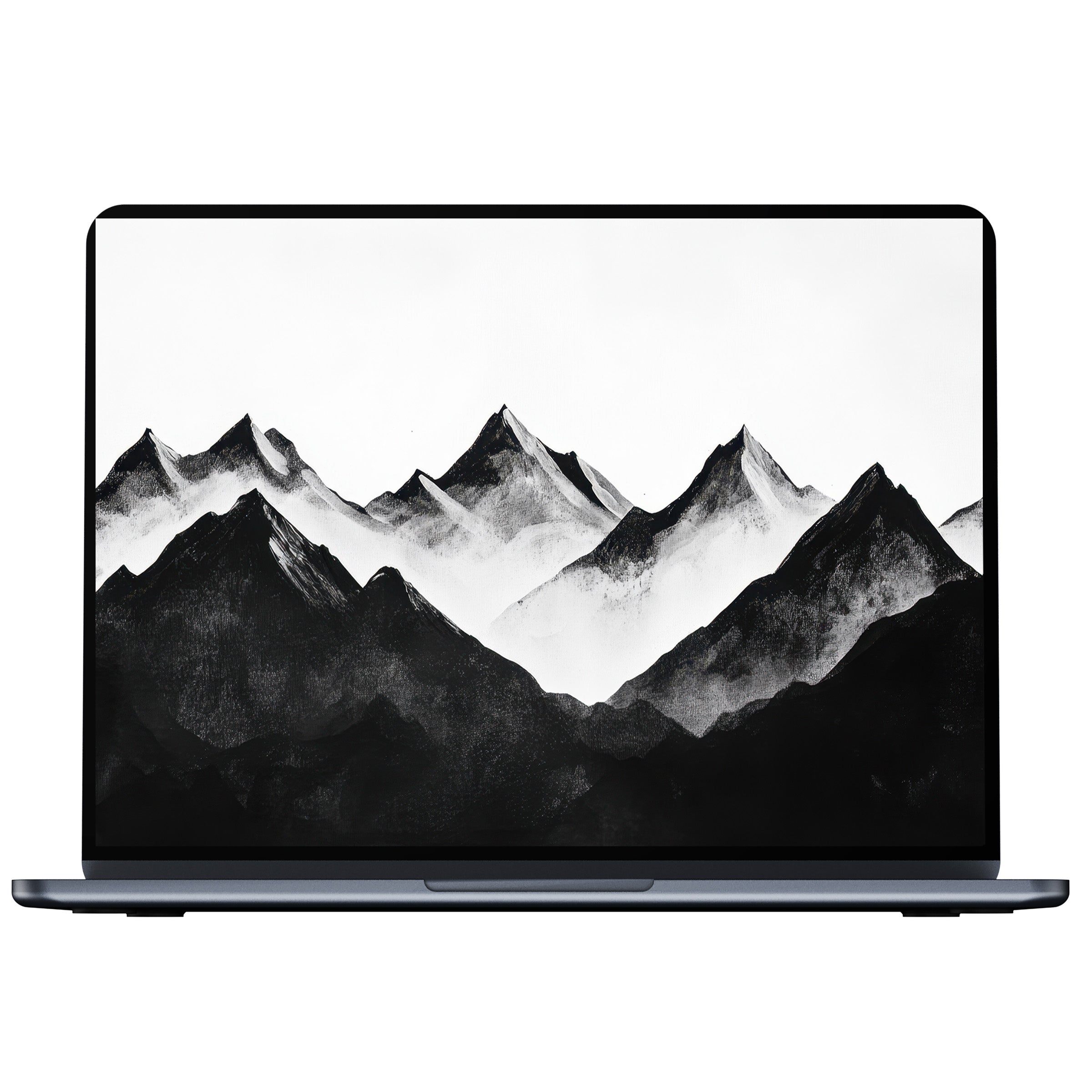 Black and white desktop wallpaper featuring serene mountain silhouettes, perfect digital download for PC, Laptop, and Mac users