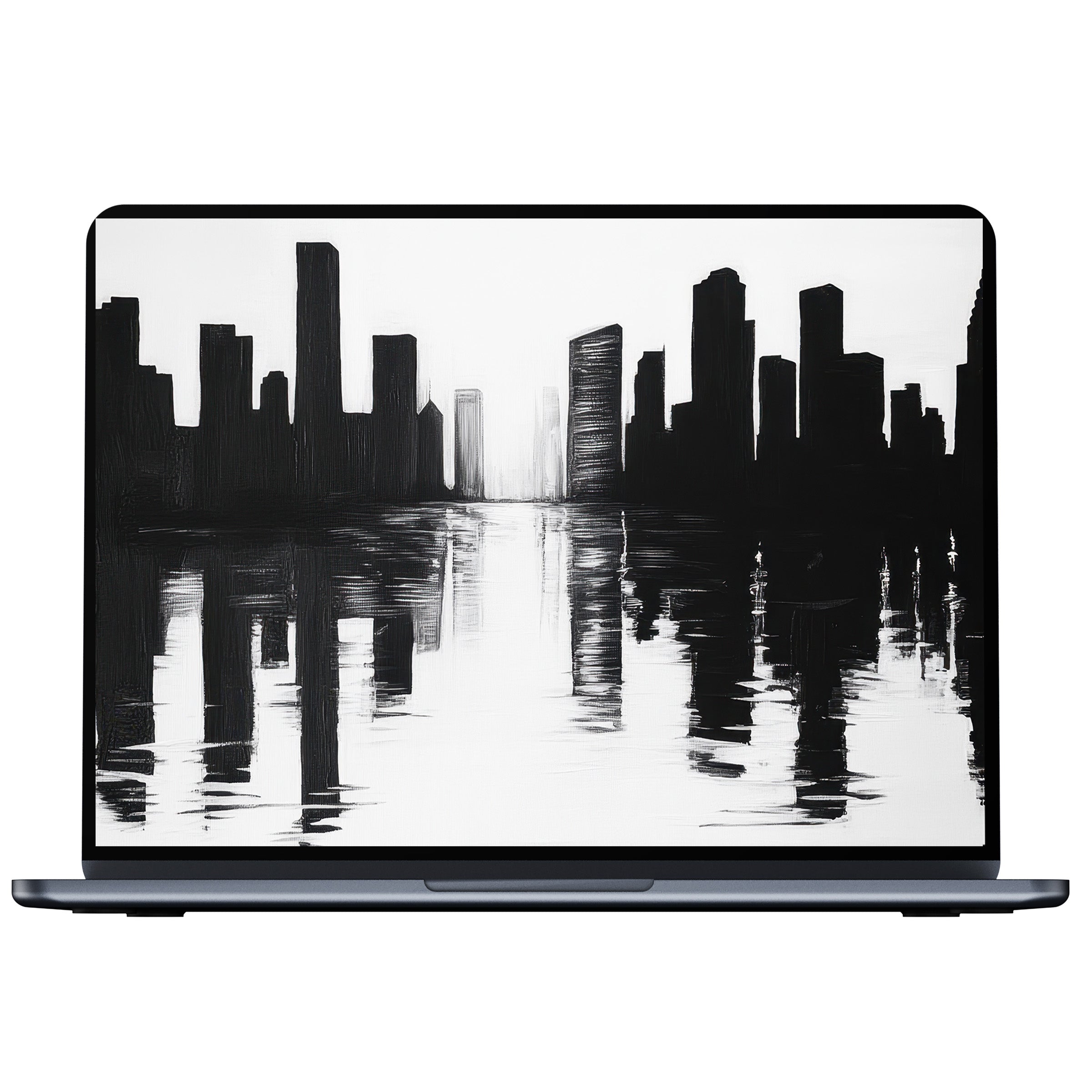 Black and white desktop wallpaper showcasing a serene city skyline reflection, perfect digital download for PC and laptop users