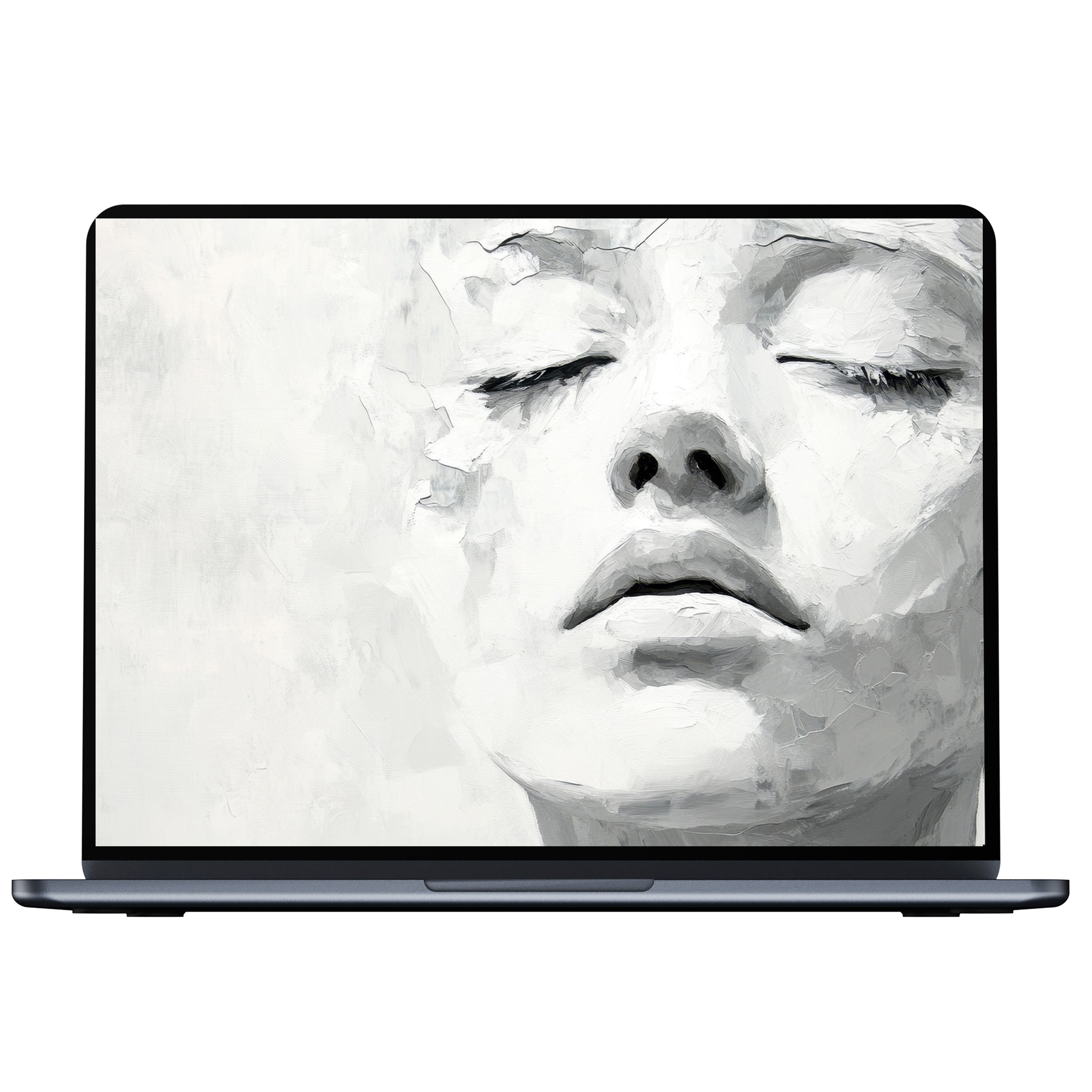 Black and white desktop wallpaper depicting a serene, textured portrait, perfect for digital download on PC or laptop screens