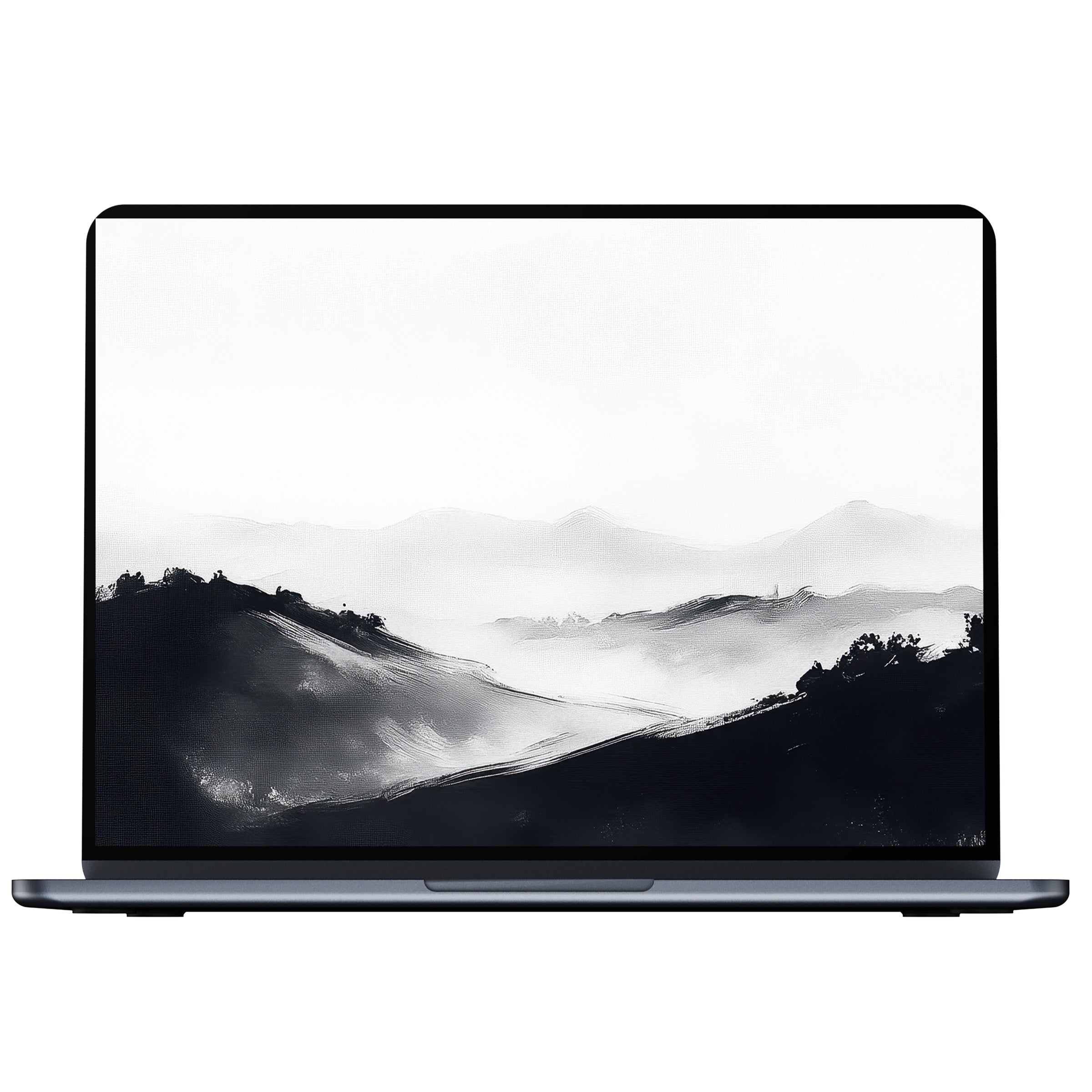 Elegant black and white desktop wallpaper digital download featuring serene misty hills for mindful inspiration on PC and laptop screens