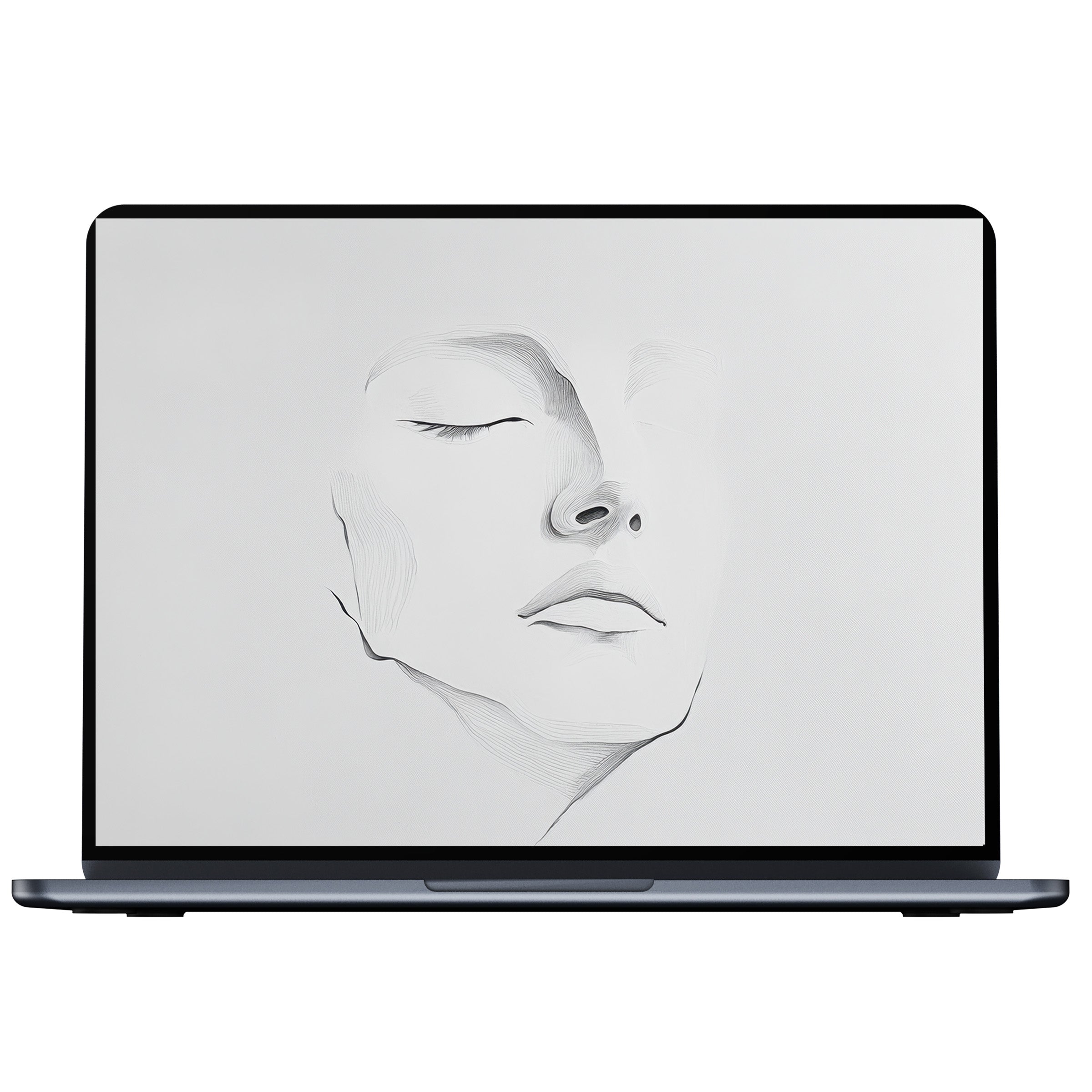 Elegant black and white desktop wallpaper featuring serene face sketch digital download for PC and laptop enhances calm and mindfulness