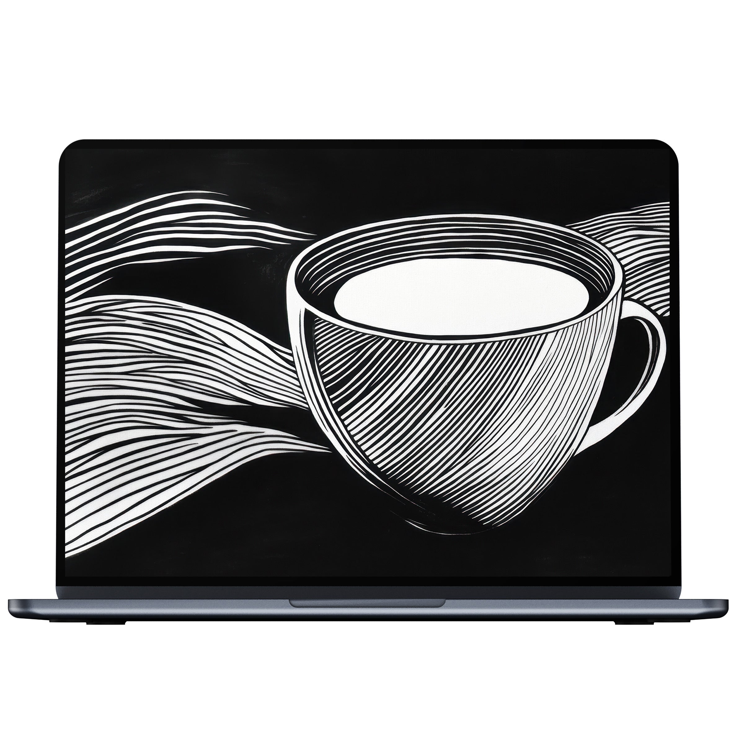 Elegantly designed black and white desktop wallpaper features a cup with flowing lines for PC and laptop digital download tranquility