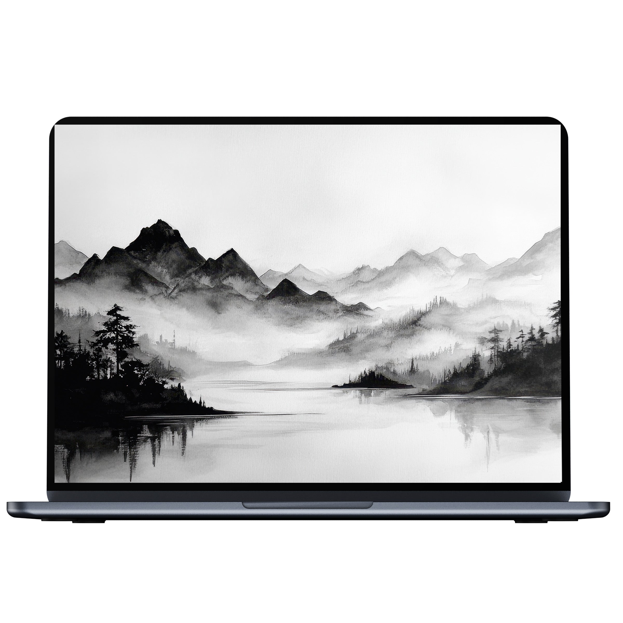 Elegant black and white desktop wallpaper showcasing serene mountains, mist, and water reflections for PC and laptop digital download