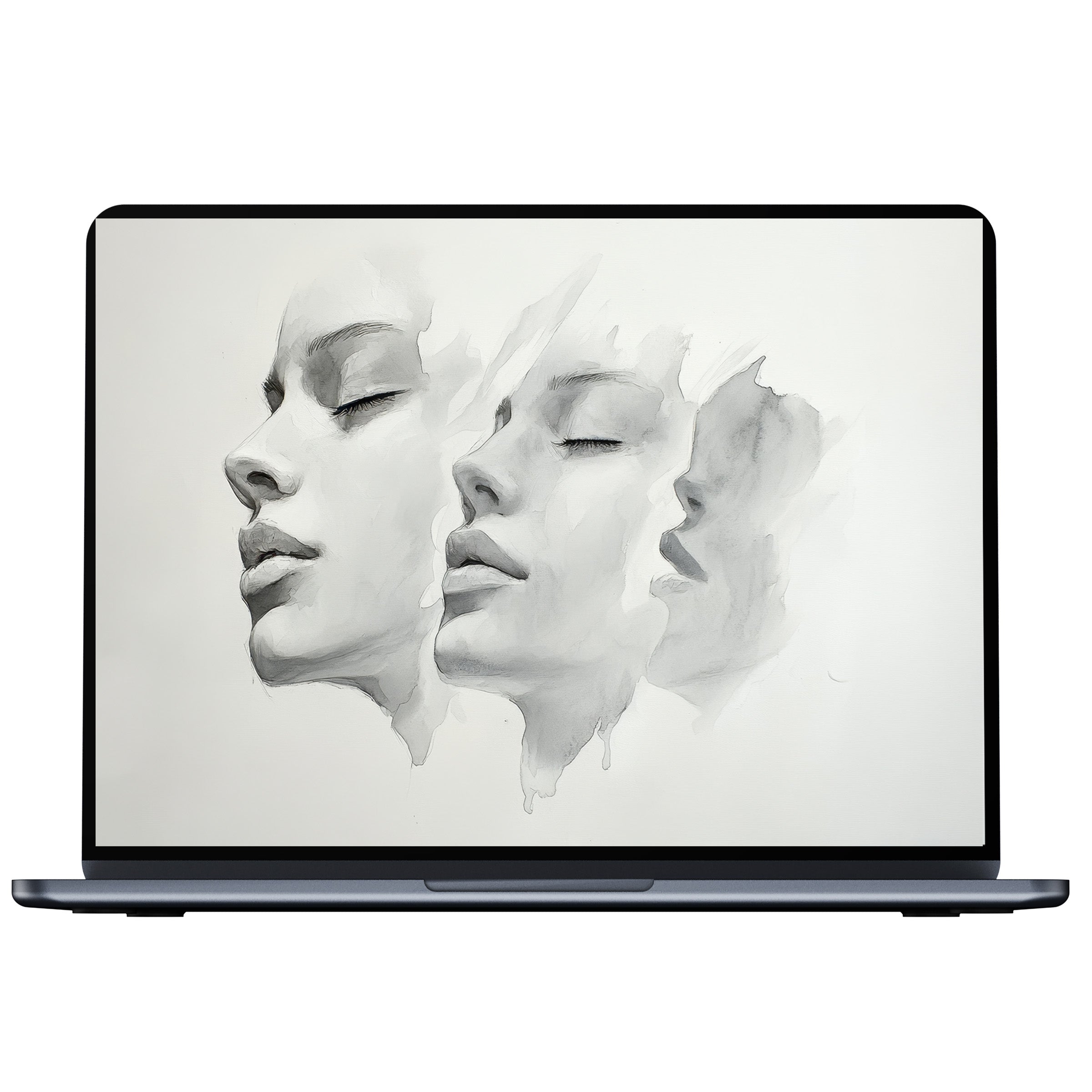 Serene black and white desktop wallpaper digital download showcasing artistic faces, perfect for PC, laptop, Mac, enhancing calm and elegance