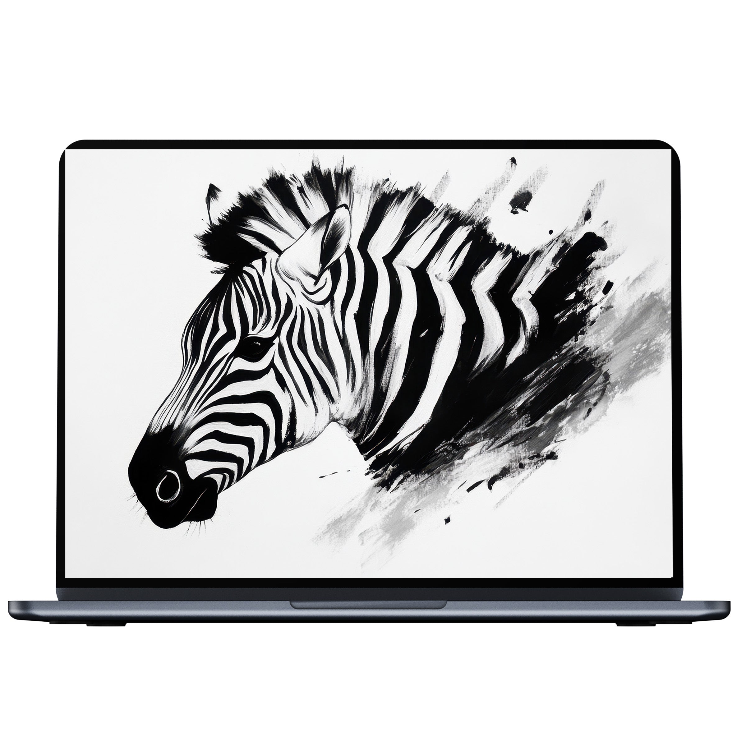 Black and white desktop wallpaper of an artistic zebra, perfect for PC or laptop digital download, inspiring calm and elegance