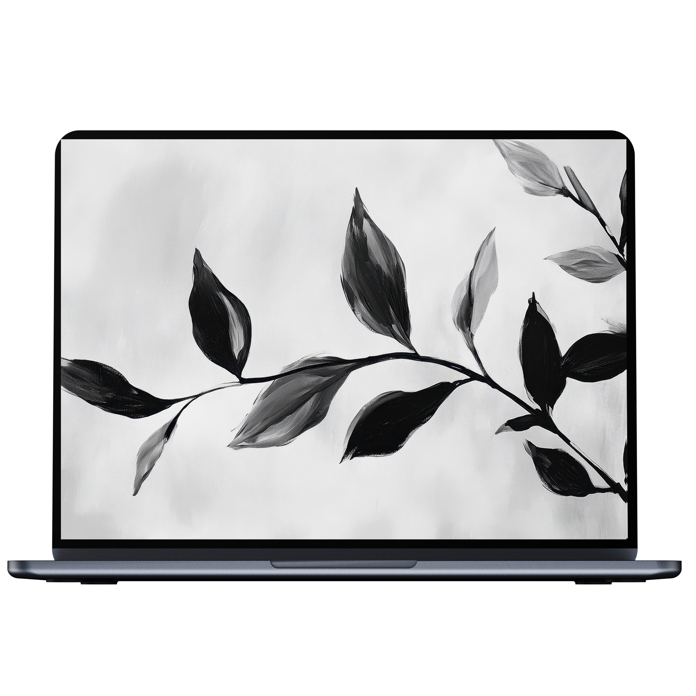 Elegant black and white desktop wallpaper featuring abstract leaves; perfect digital download for PC, laptop, or Mac, fosters calm