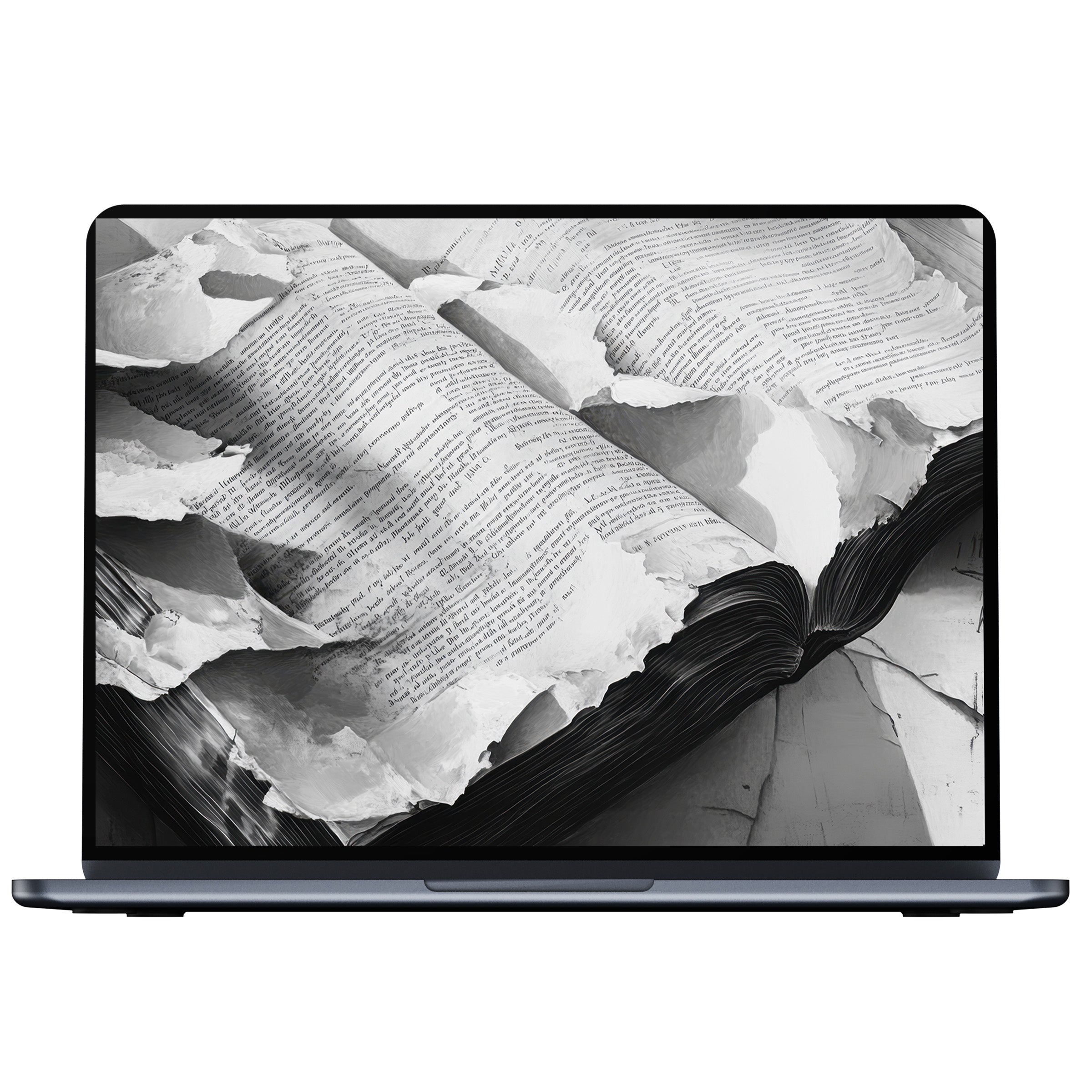 Black and white desktop wallpaper featuring a torn book page, offering an elegant and inspiring digital download for PC and laptop users