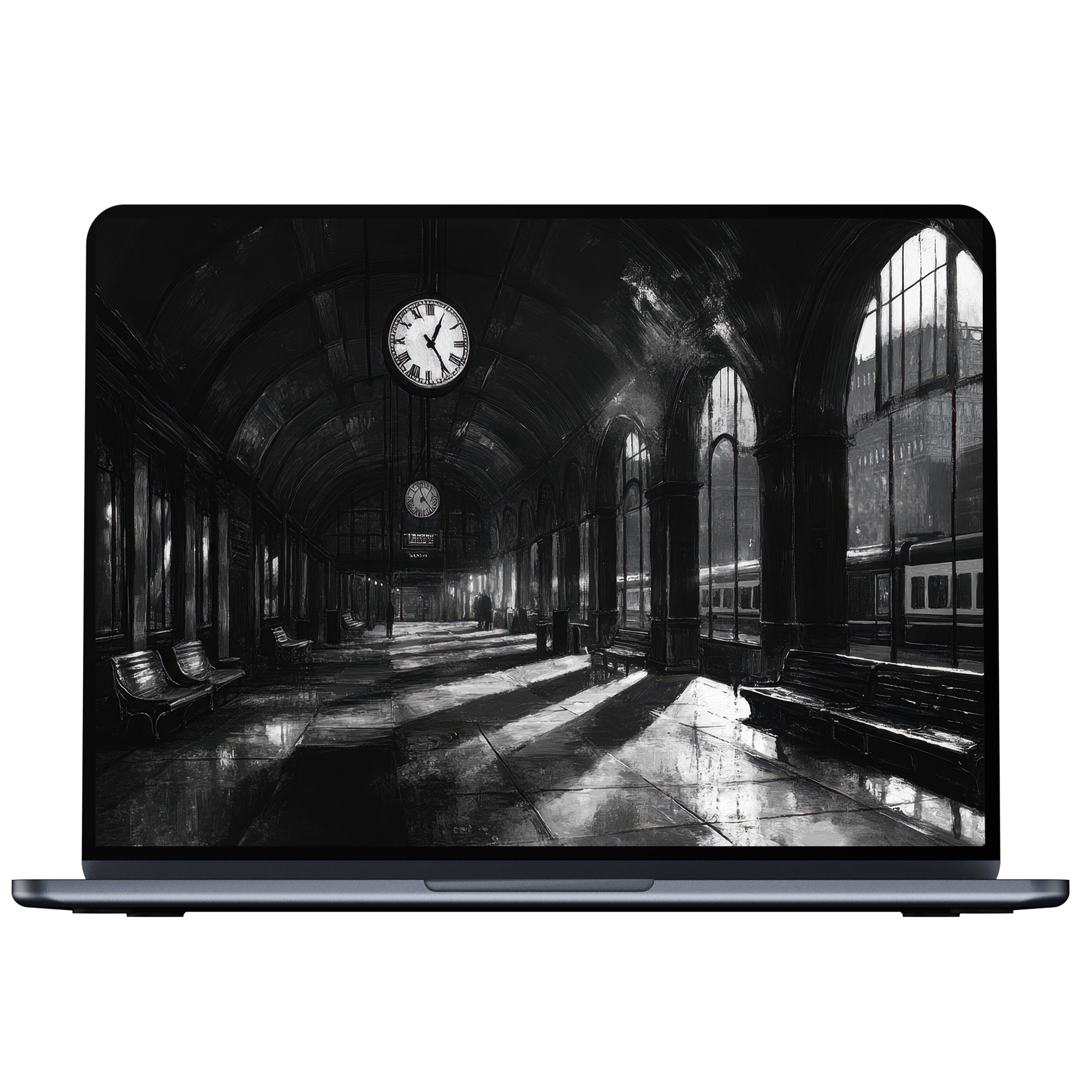 Elegant black and white desktop wallpaper digital download features an inspiring train station scene, perfect for PC or laptop backgrounds