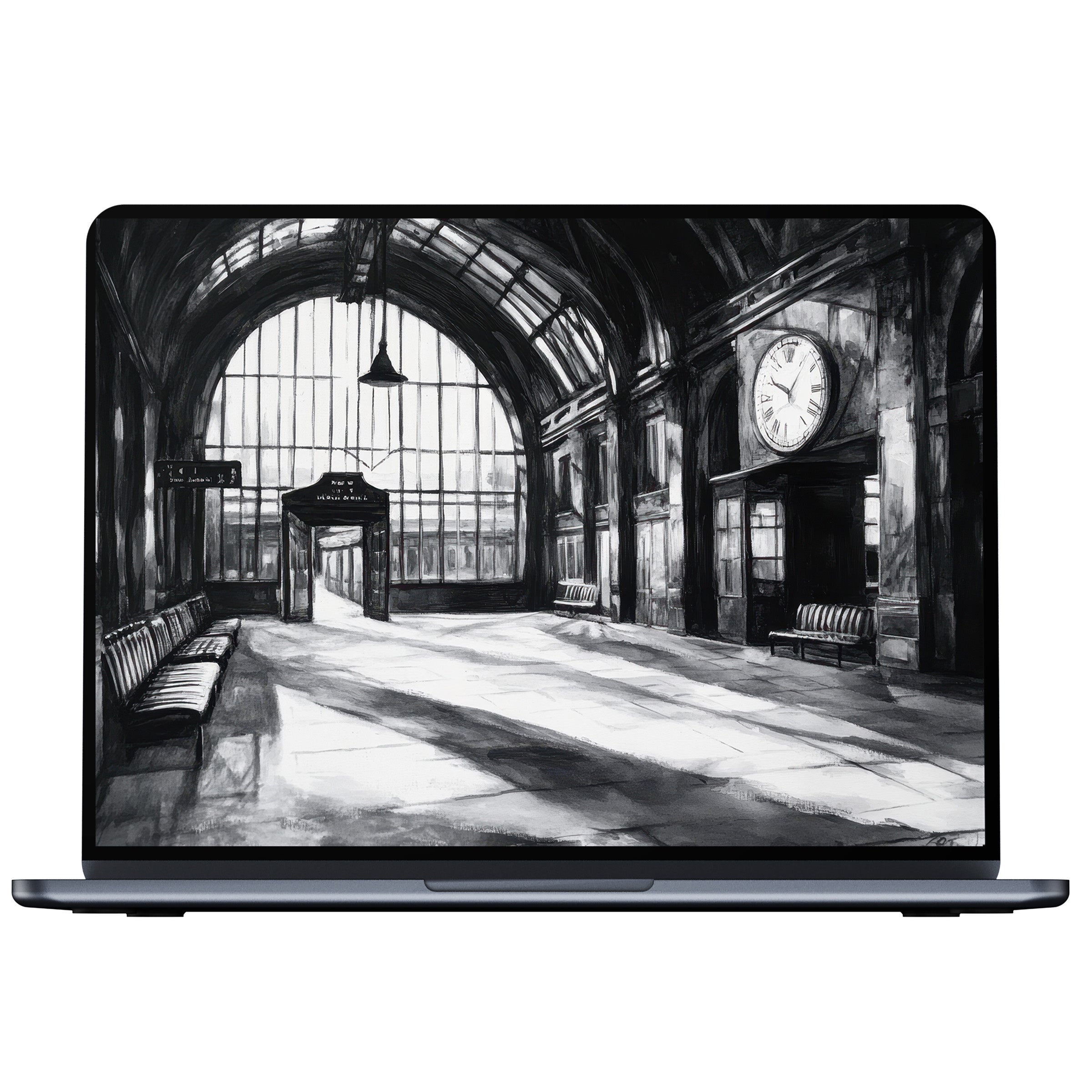 Elegant black and white desktop wallpaper capturing a sunlit train station interior offers calm inspiration for PC, laptop, digital download