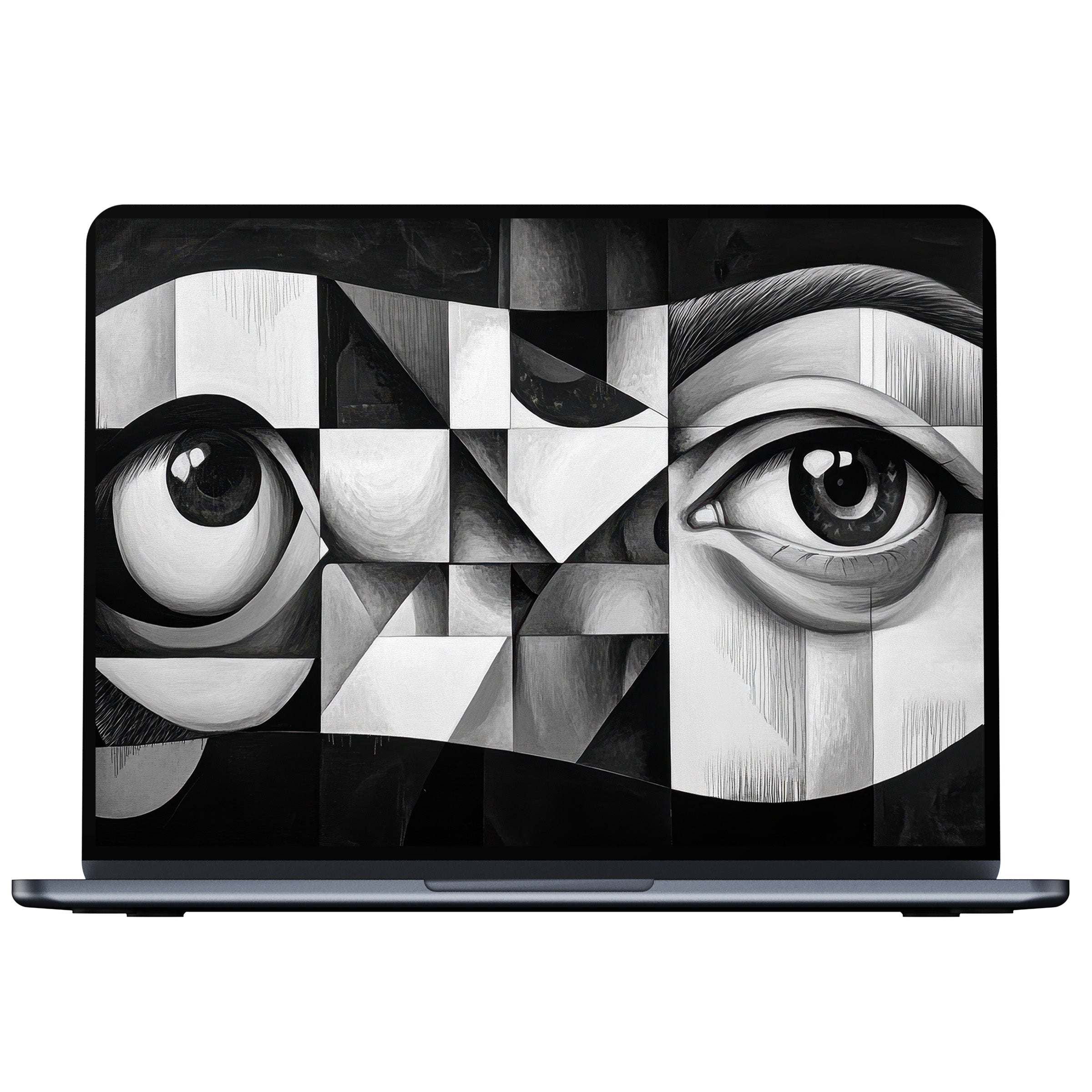 Abstract black and white desktop wallpaper digital download featuring geometric eyes, perfect for PC, Laptop, or Mac screens
