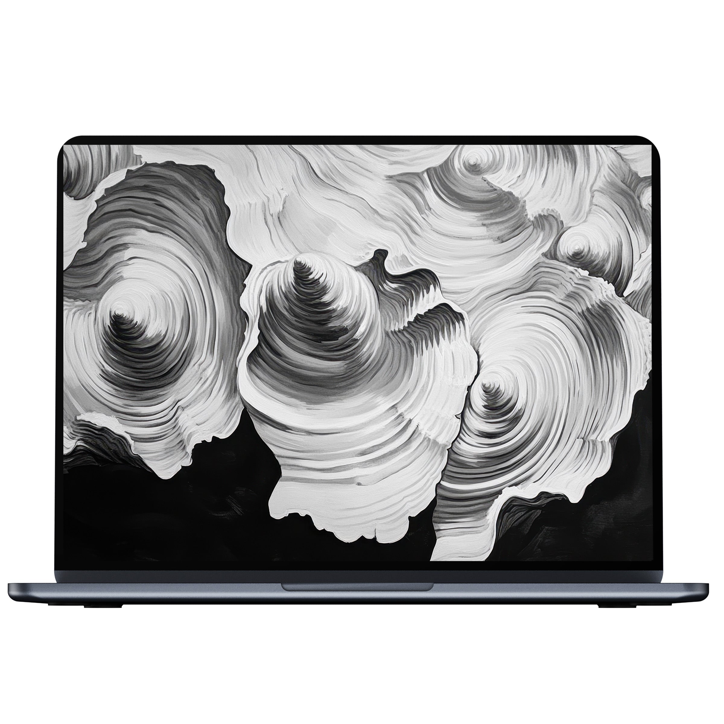 Elegant black and white desktop wallpaper featuring abstract swirls evokes calm and inspiration, perfect digital download for PC or laptop