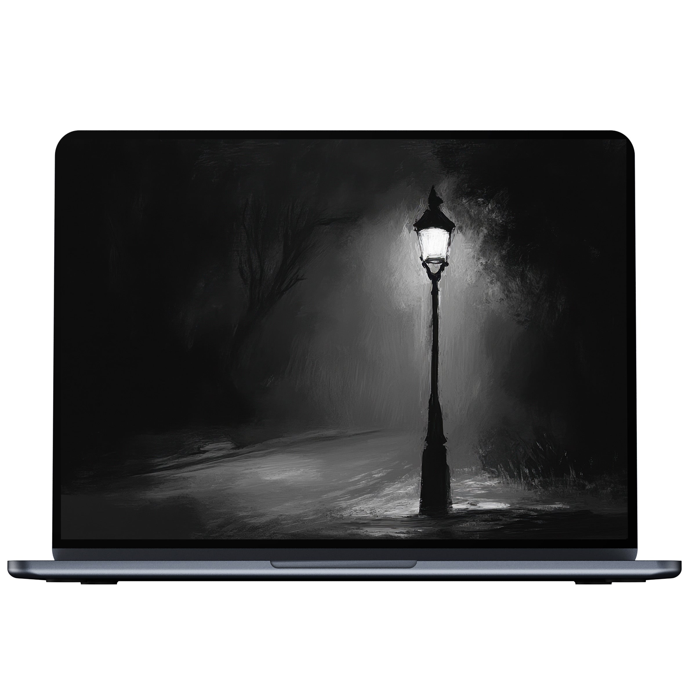 Ethereal black and white desktop wallpaper featuring a lamp post in misty nightscape digital download for PC and laptop screens
