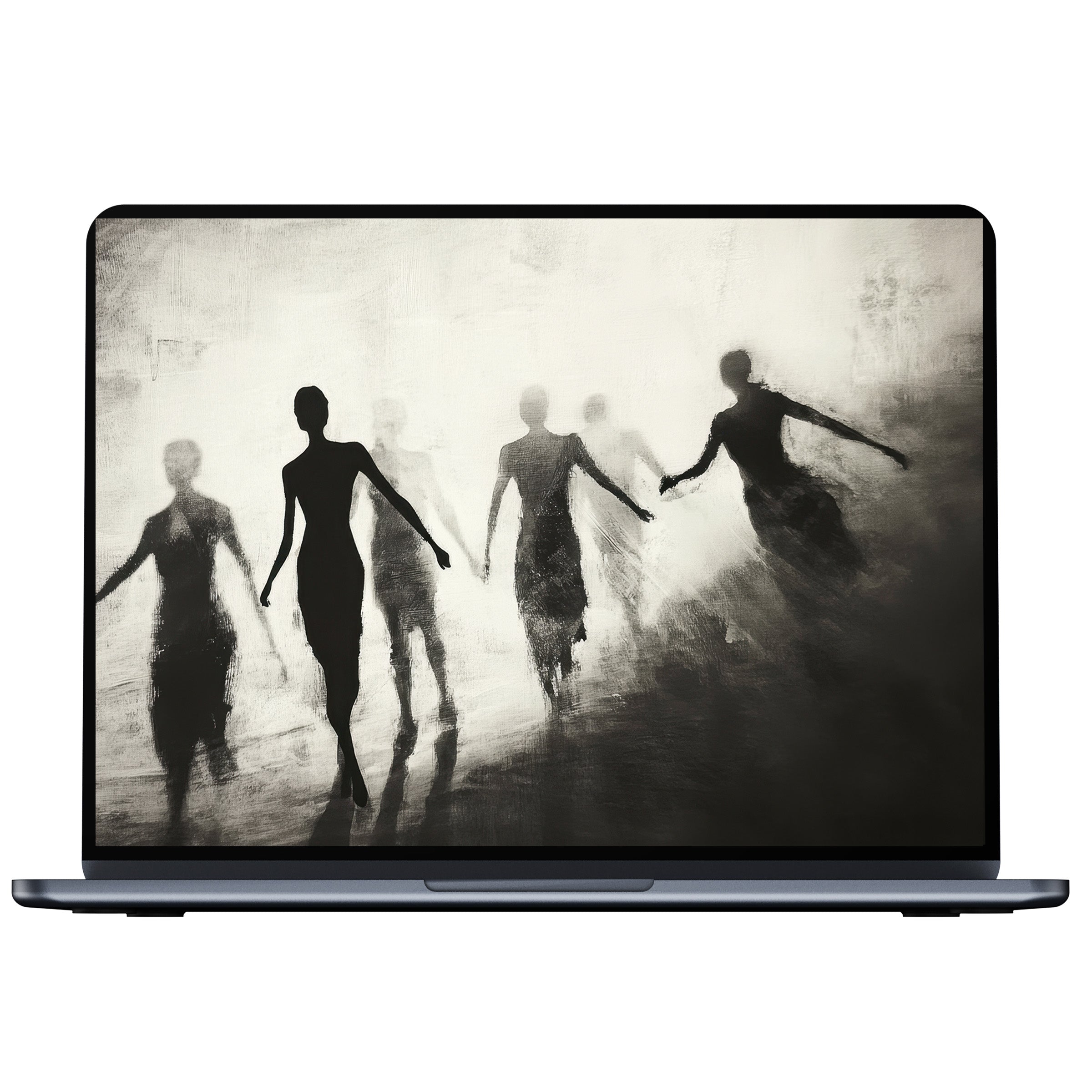 Elegant black and white desktop wallpaper featuring abstract silhouettes, ideal for PC and laptop digital download, inspires calm and mindfulness