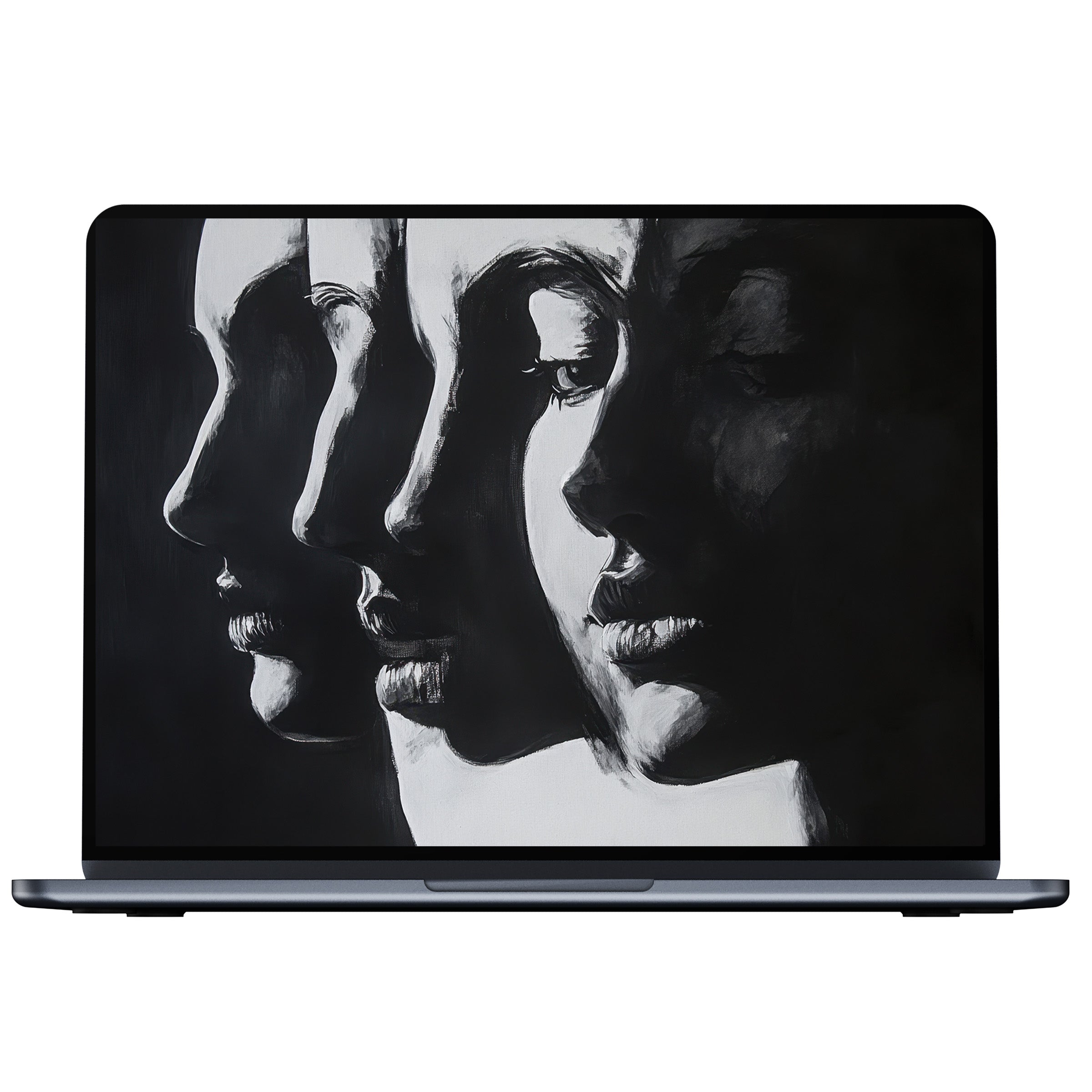 Elegant black and white desktop wallpaper featuring artistic faces evokes calm and inspiration perfect digital download for PC and laptop