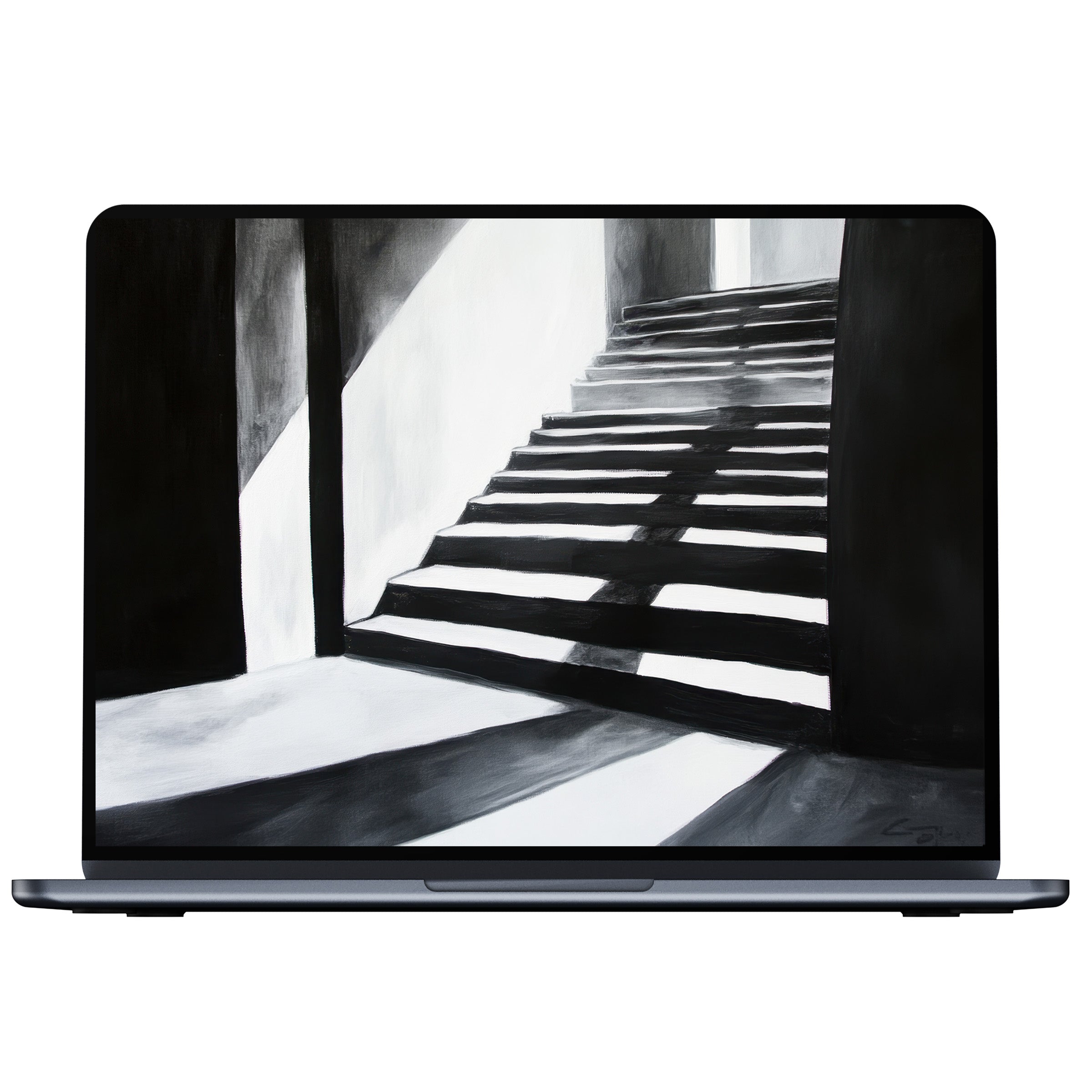 Elegant black and white desktop wallpaper digital download featuring minimalistic staircase shadows for calm PC and laptop screens