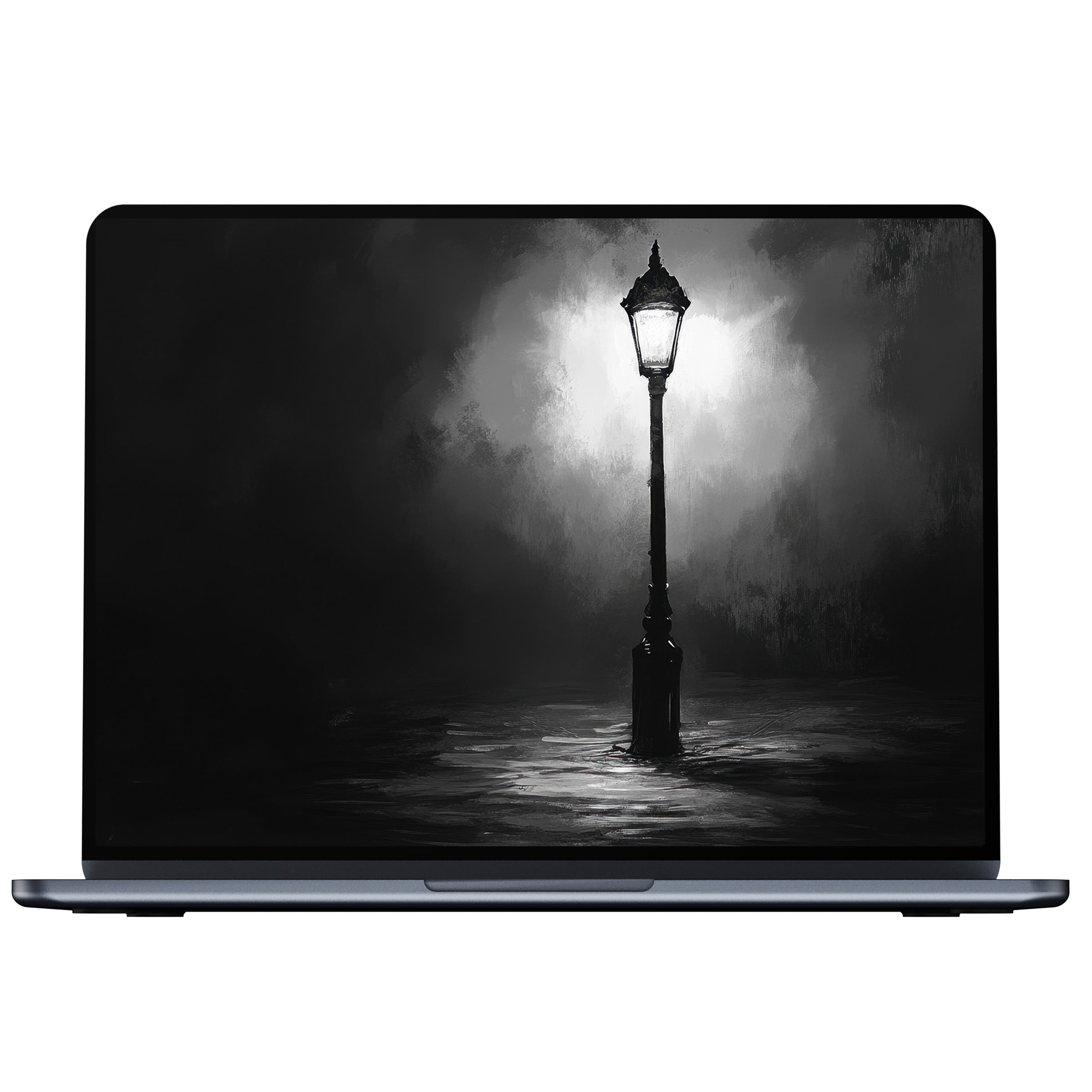 Black and white desktop wallpaper with lone streetlamp art evokes calm, fits PC, laptop, Mac, offering digital download inspiration