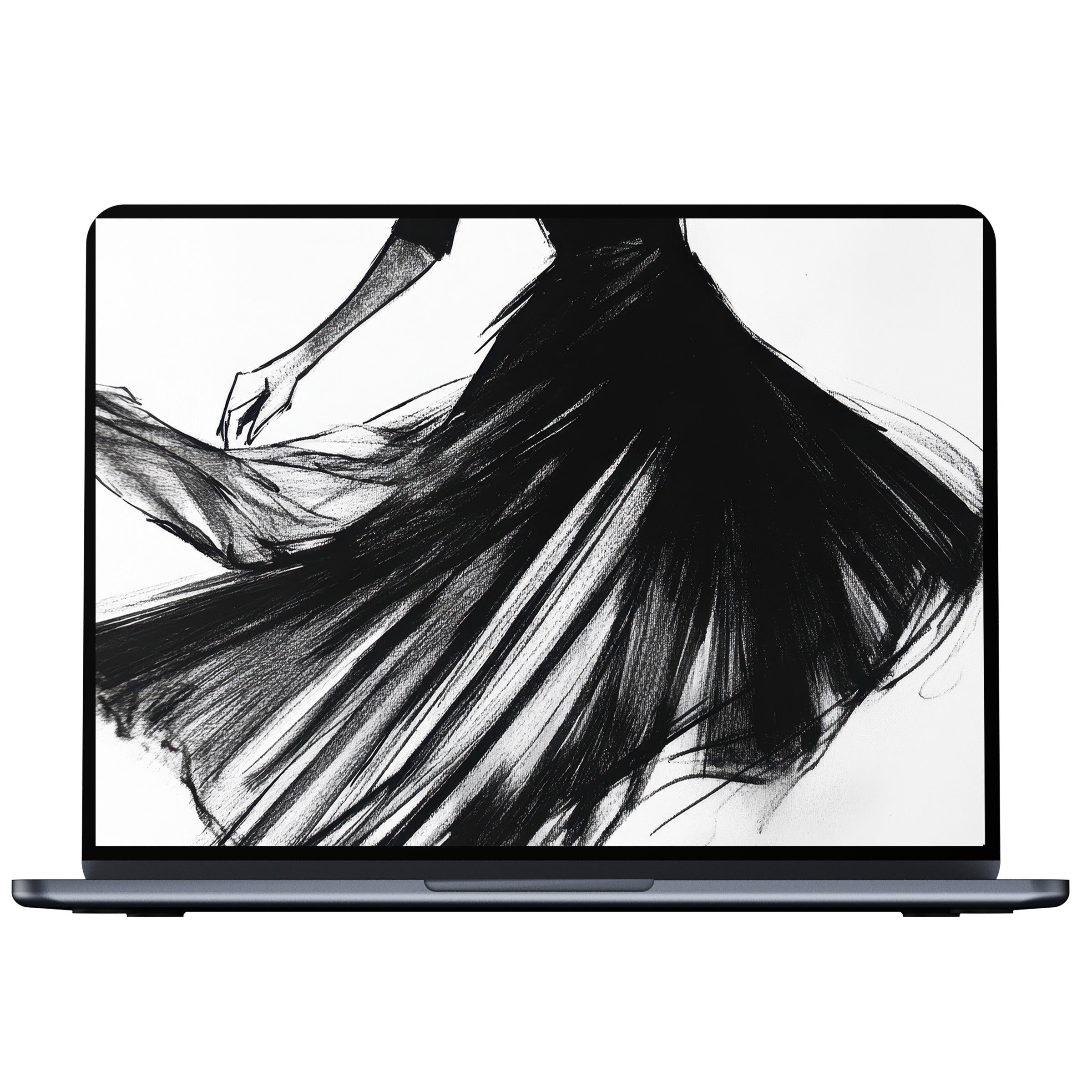 Elegant black and white desktop wallpaper digital download featuring a flowing dress sketch, perfect for PC, laptop, and Mac users