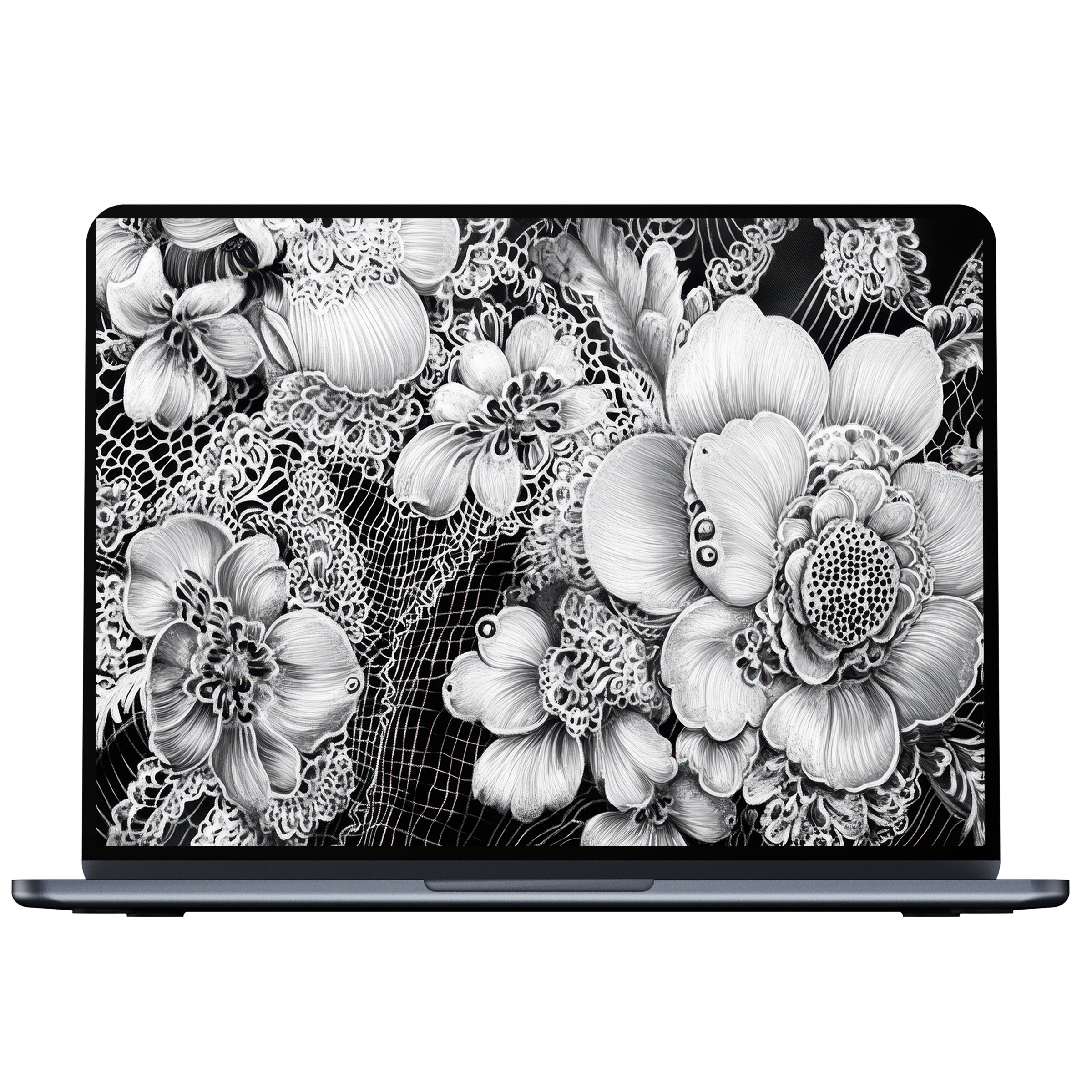 Elegant black and white desktop wallpaper features intricate floral designs, perfect for PCs and laptops, offering calm inspiration as a digital download