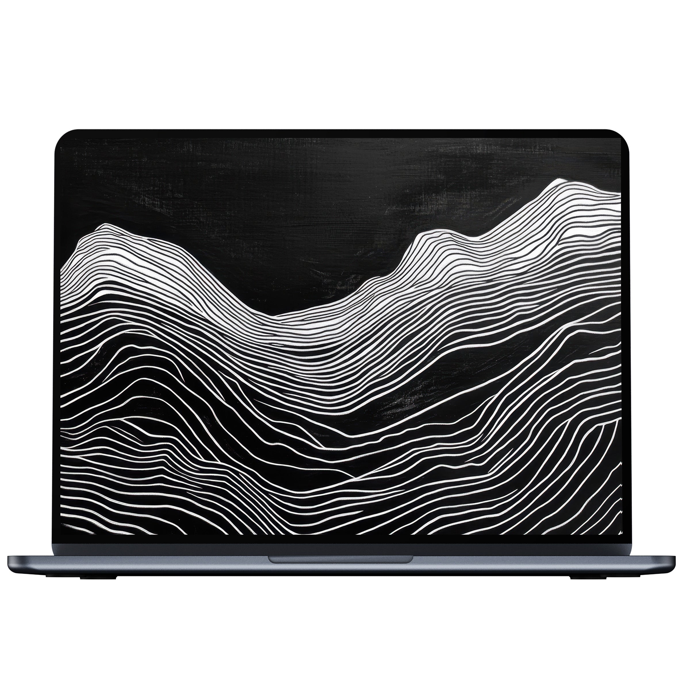 Elegant black and white desktop wallpaper digital download features flowing lines creating serene mountain waves for PC and laptop users