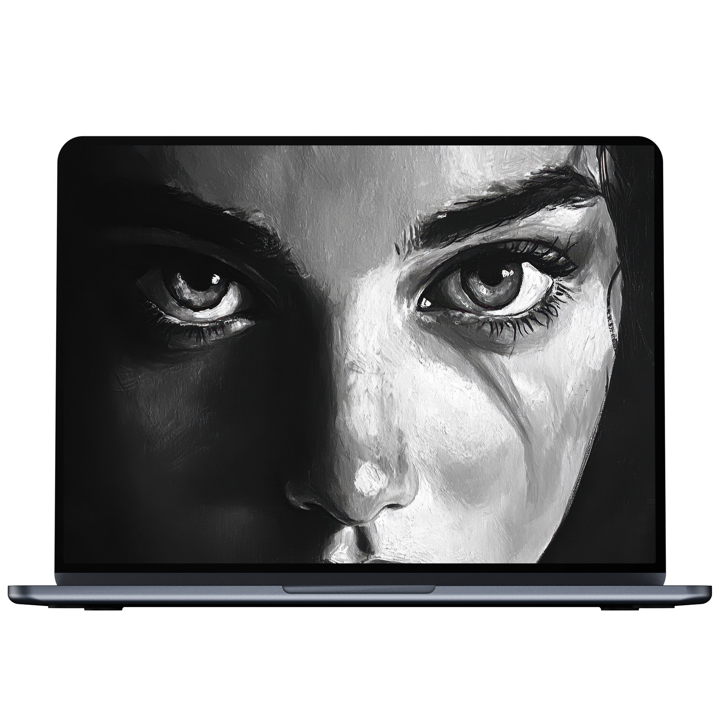 Elegant black and white desktop wallpaper featuring a striking portrait digital download for calm inspiration on PC or laptop