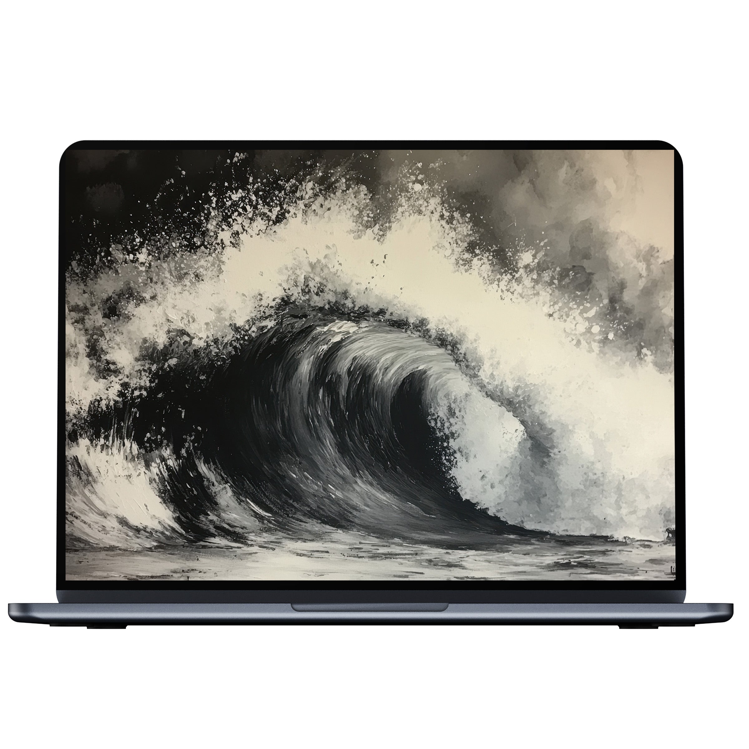 Elegant black and white desktop wallpaper featuring a dynamic wave in grayscale for PC or laptop digital download calming artistry