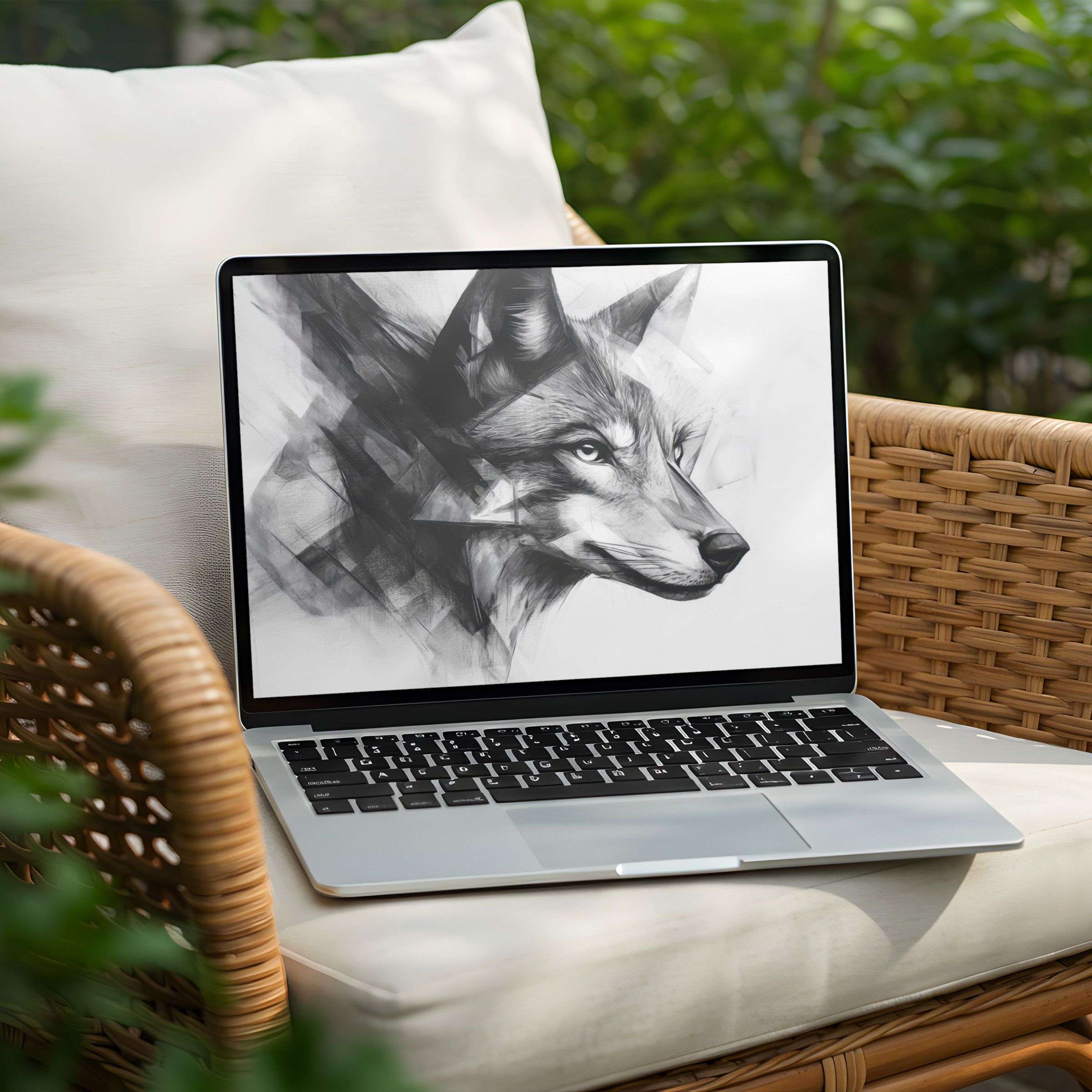 Serene black and white wolf digital art desktop background for instant download to elevate your PC or Laptop aesthetics