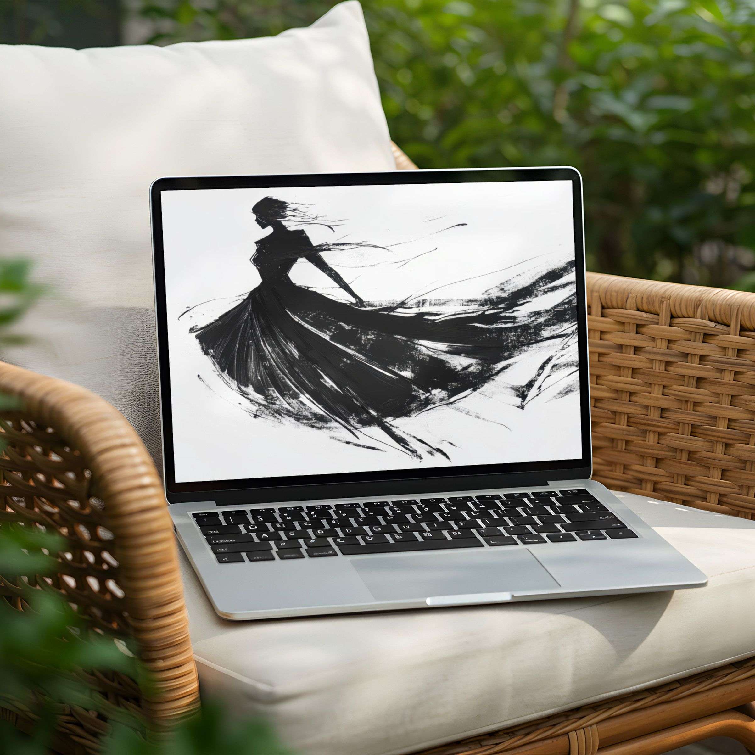 Elegant black brushstroke art as a desktop background on a Laptop inspires calm elegance available for instant download to your PC