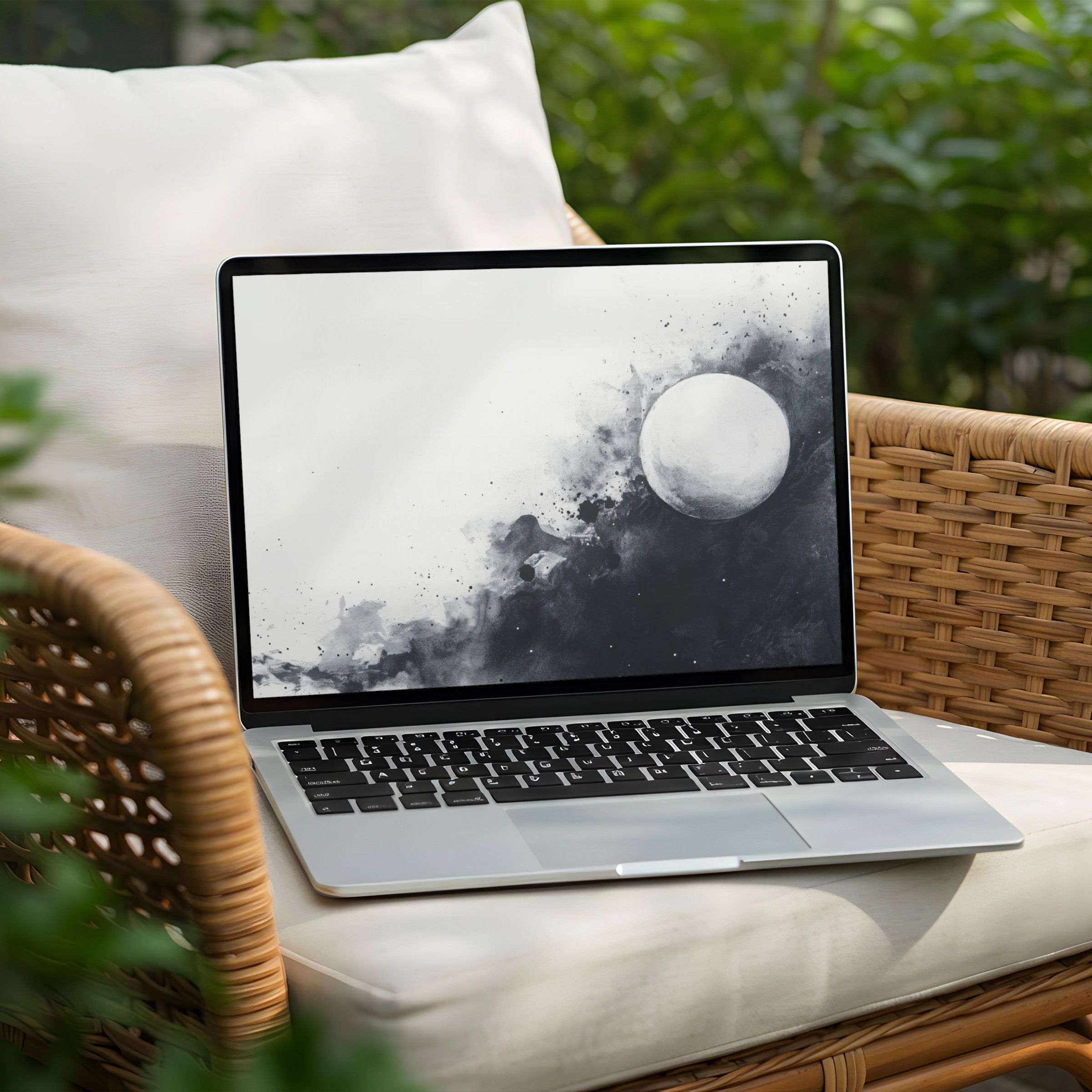 Elegant monochrome watercolor swirl as a desktop background for PC and Laptop brings calm inspiration with instant download