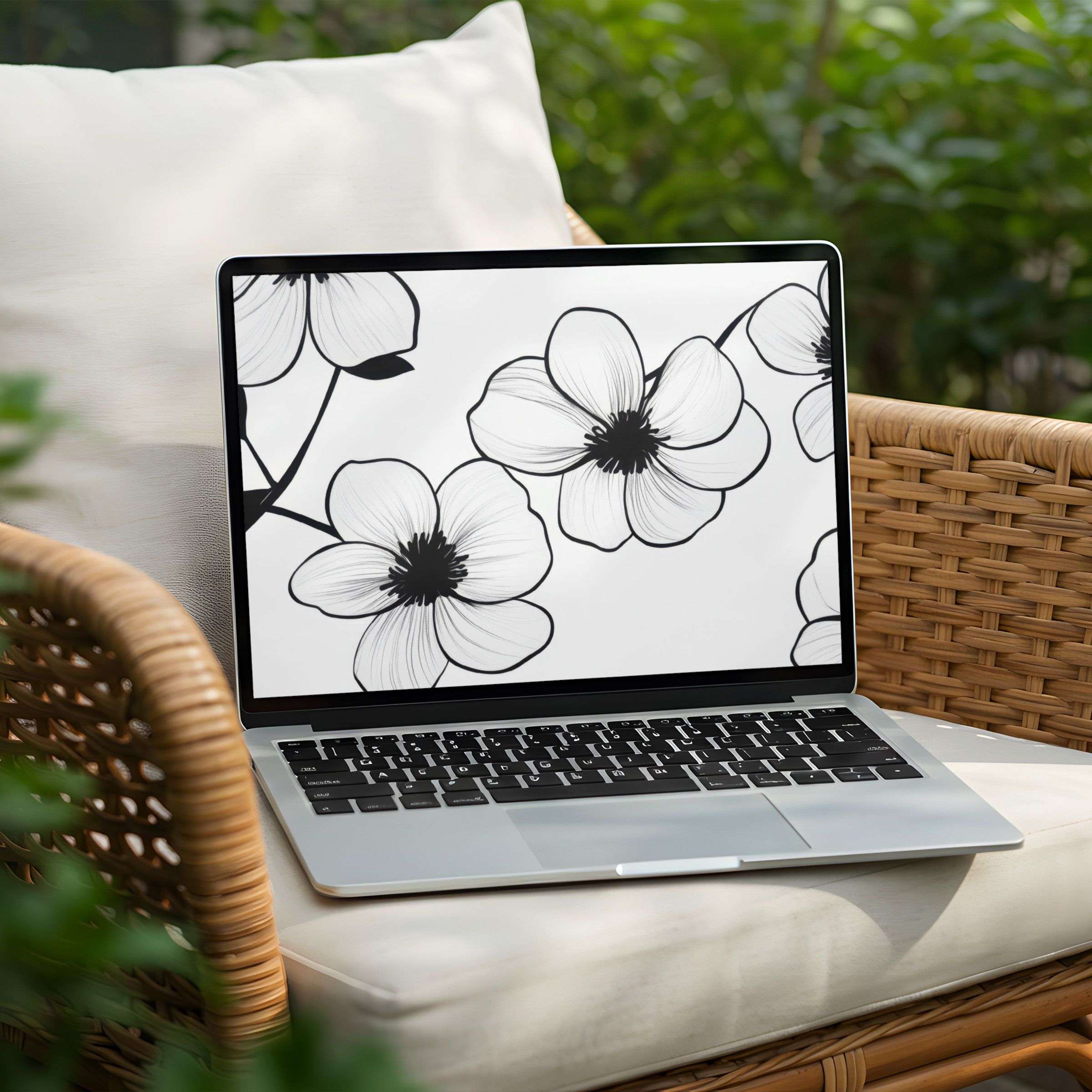Elegant black and white floral desktop background for PC and Laptop instant download inspiring calm and mindful design aesthetics