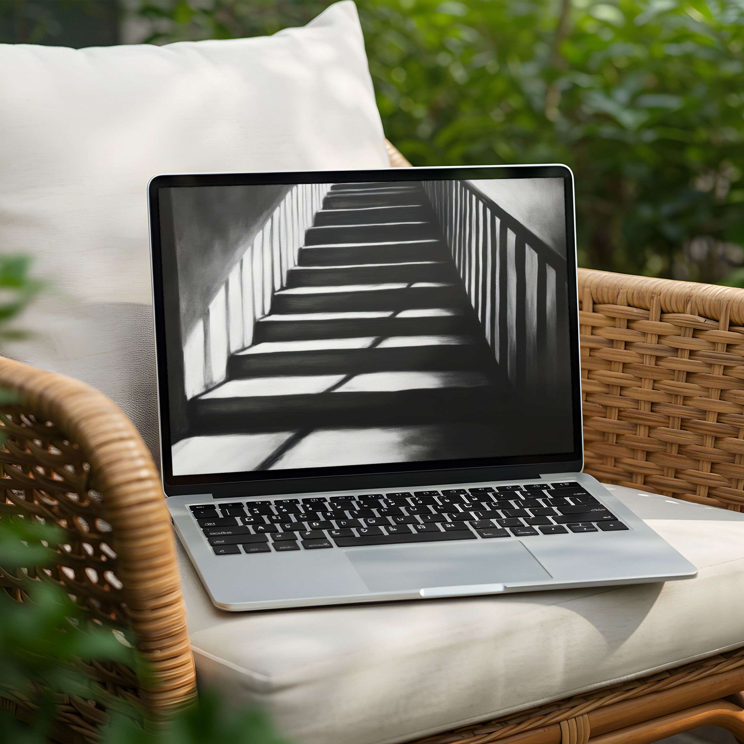 Elevate your PC and Laptop with an instant download desktop background featuring elegant monochrome stairs inspiring calm and mindfulness