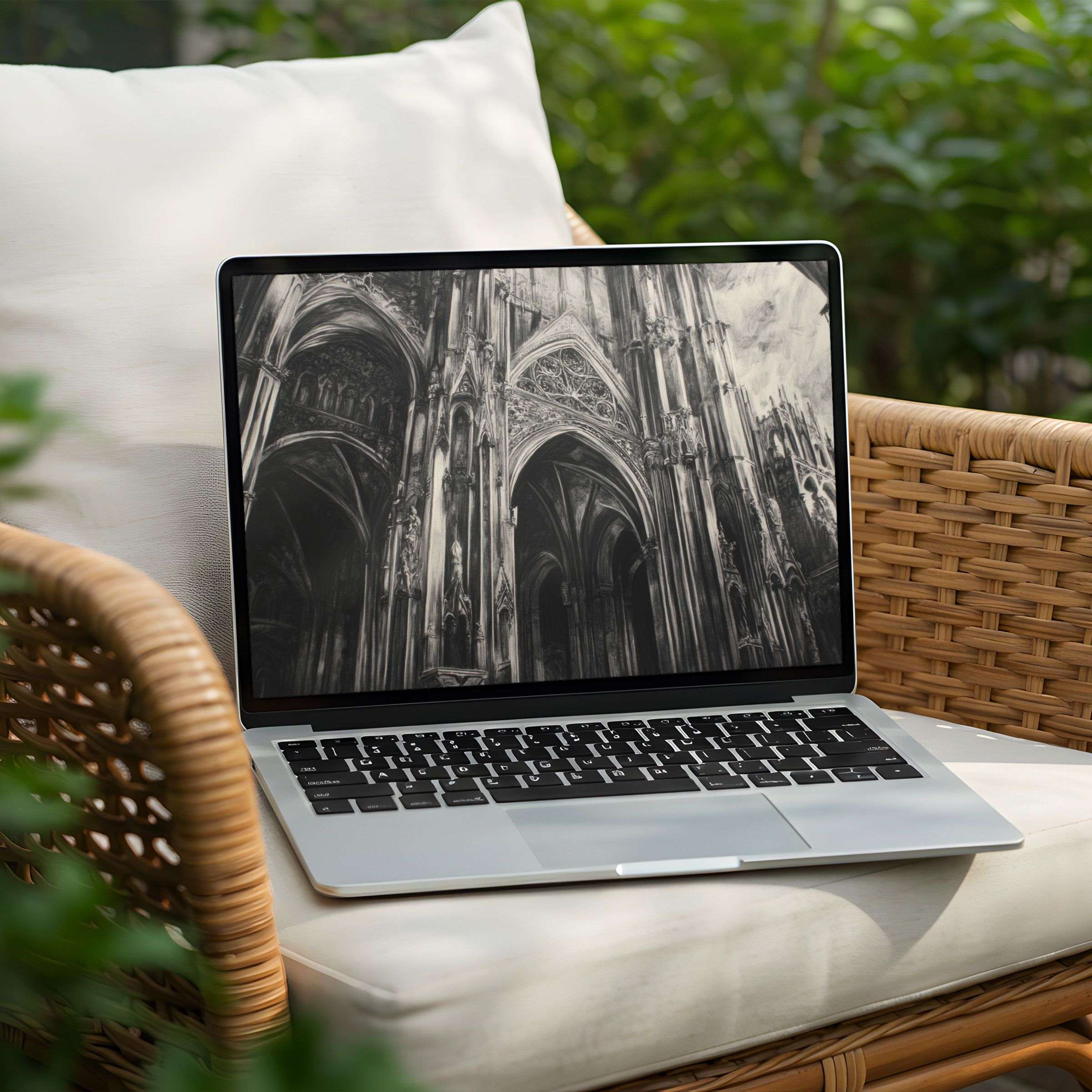 Majestic cathedral desktop background for PC and Laptop instant download evokes elegance and tranquility in a garden setting