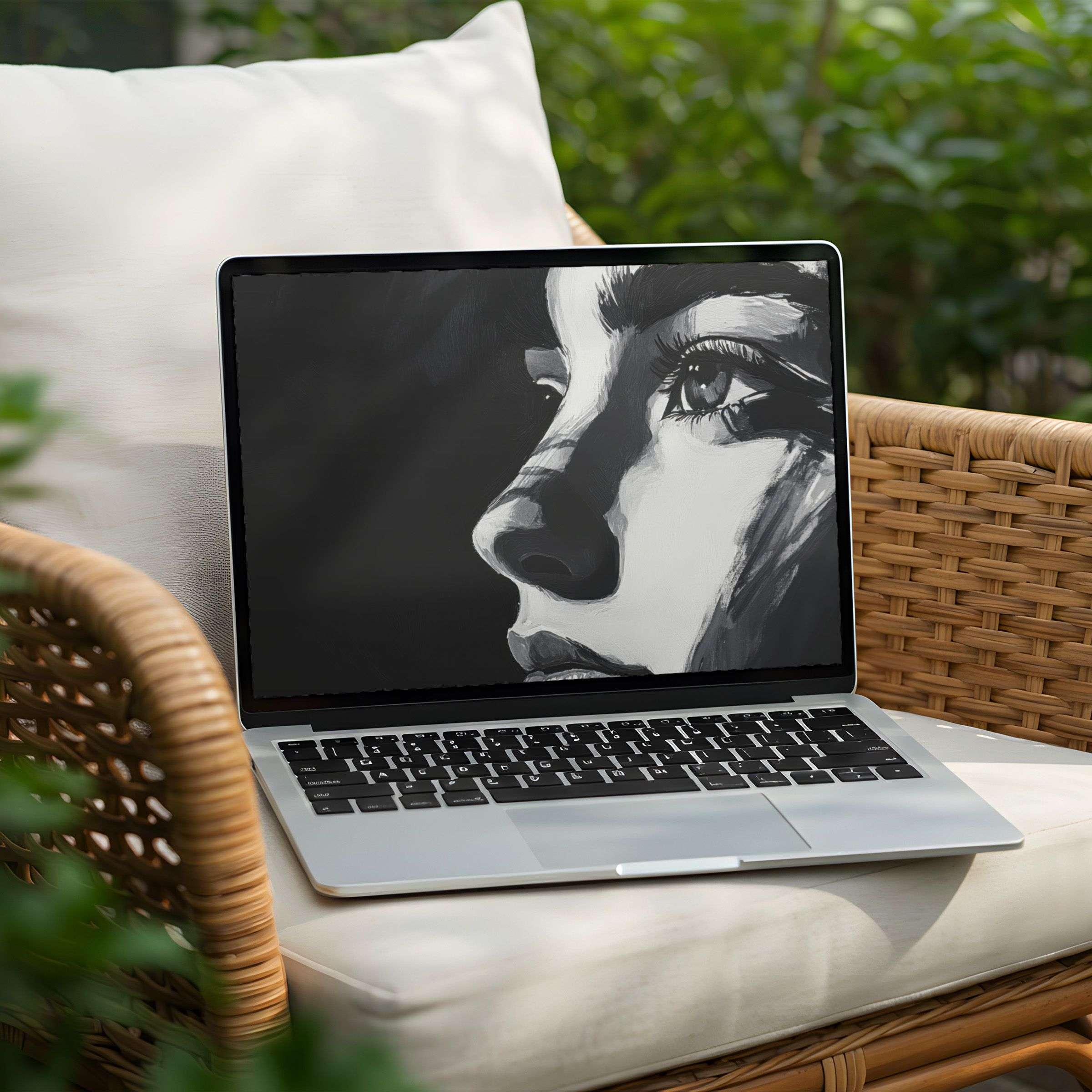 Elegant grayscale portrait as a desktop background on laptop offers instant download for PC creating calm inspiration outdoors