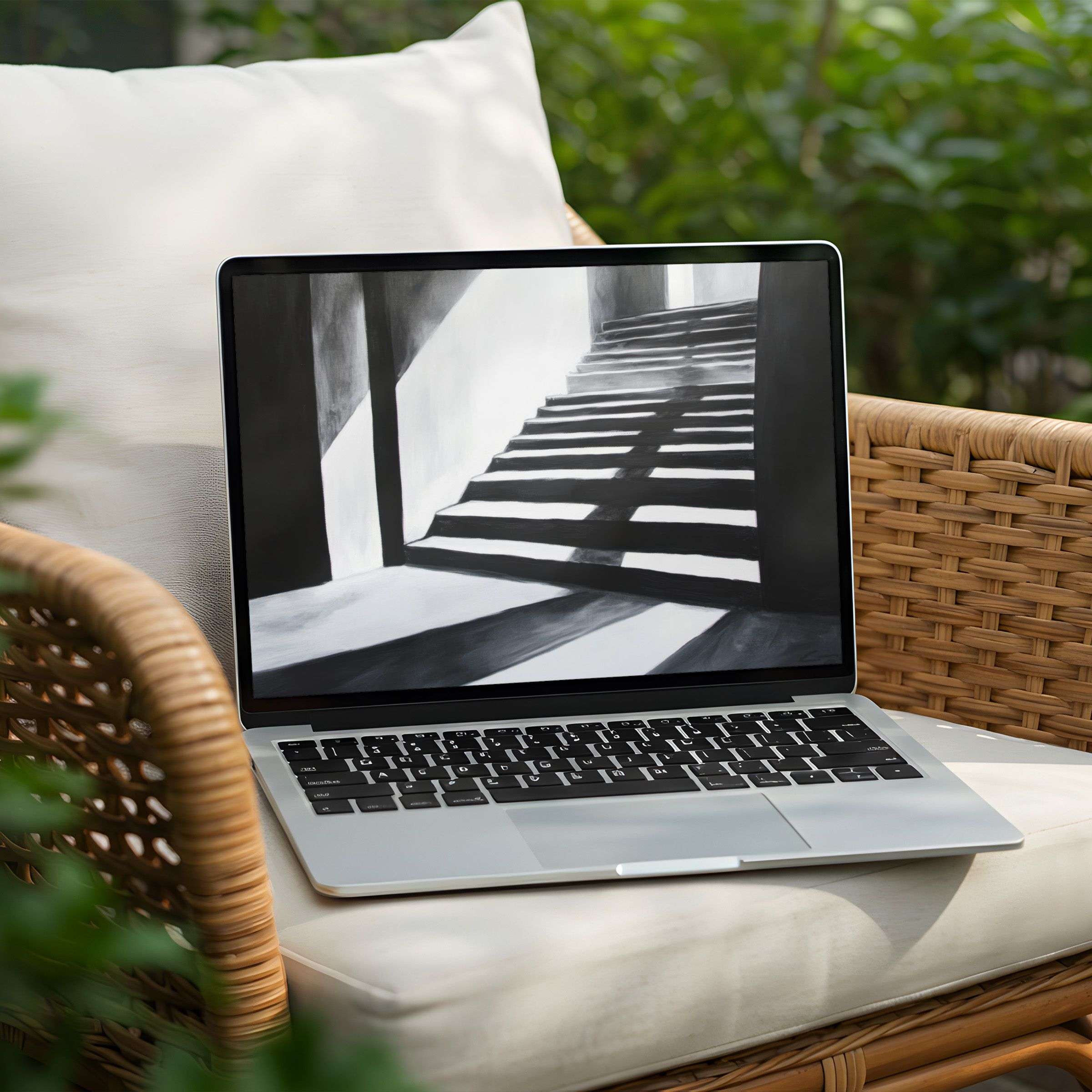 Elegant grayscale stairway desktop background for PC or Laptop instant download inspires calm reflection in serene settings