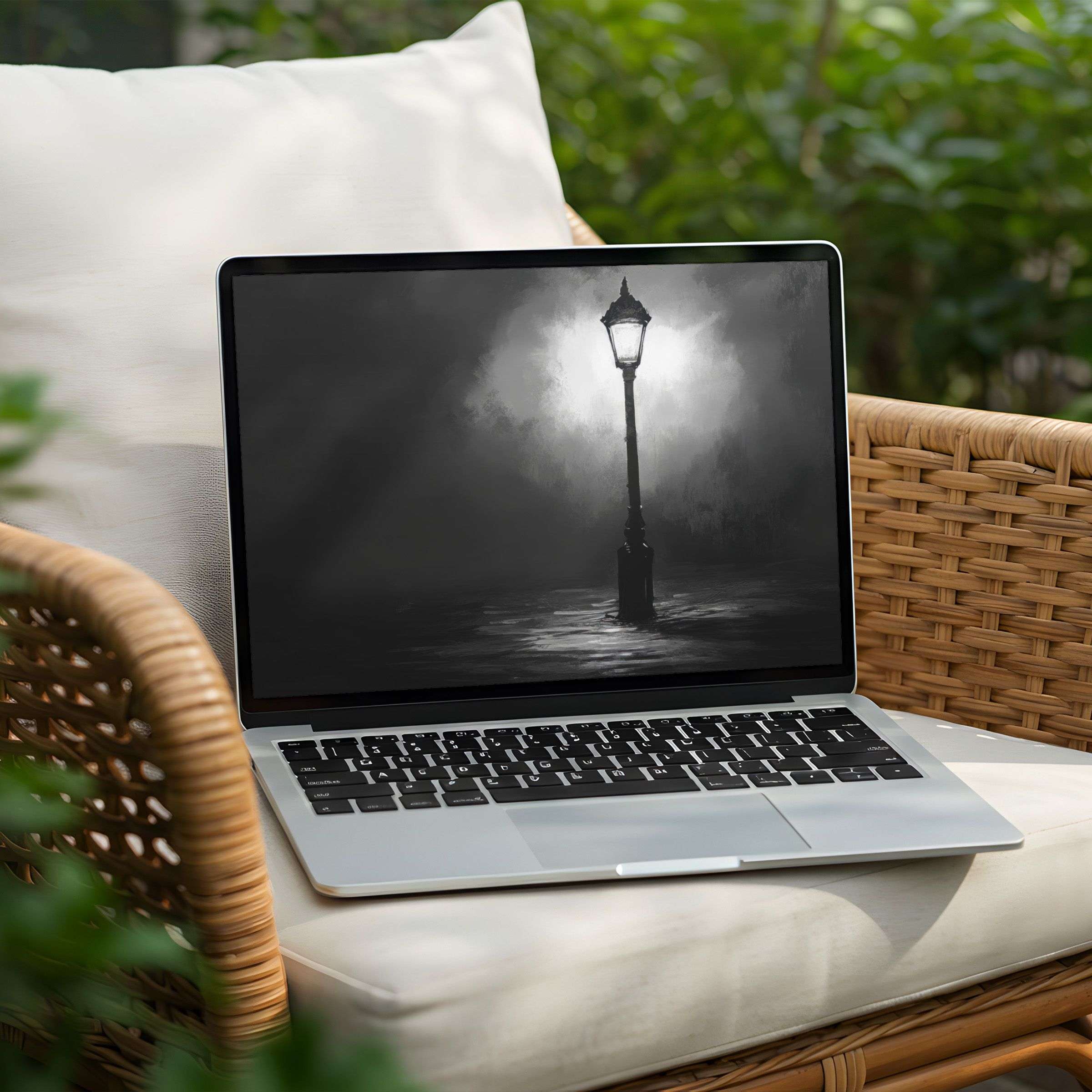 Elegant monochrome desktop background for instant download on PC or Laptop evokes calm and mindfulness with serene streetlight glow