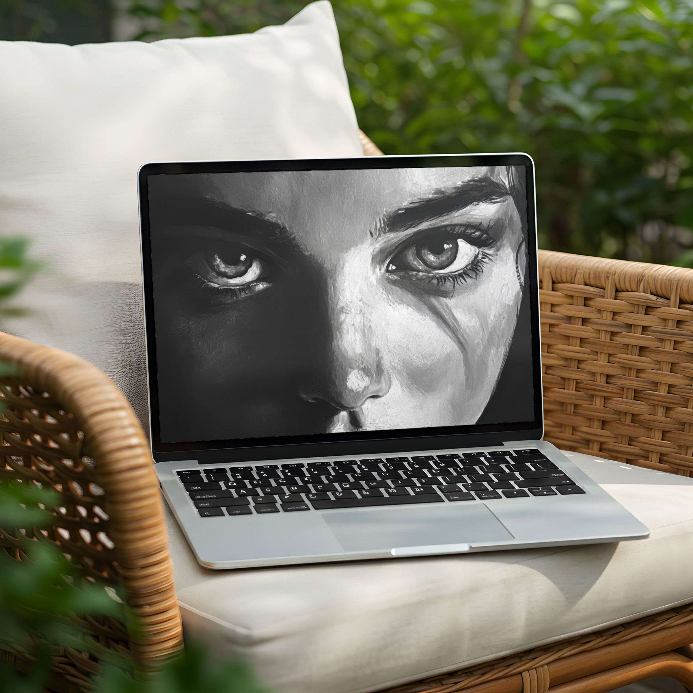 Elegant grayscale portrait desktop background on a Laptop offers instant download for calm and mindful PC aesthetics