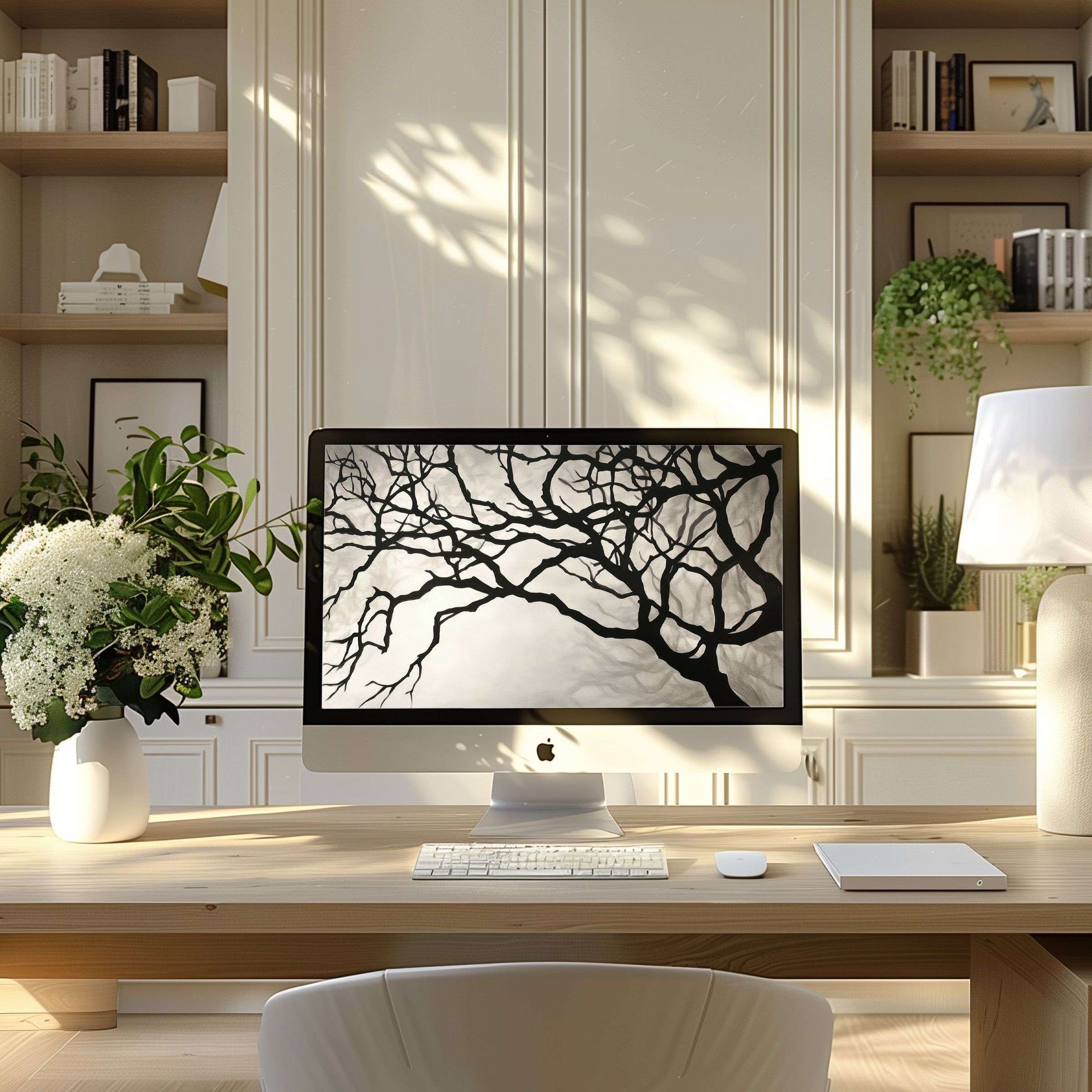 Elegant tree branch artwork as wallpaper for computer brings calm and inspiration to modern home office, fits PC, Laptop, ultrawide