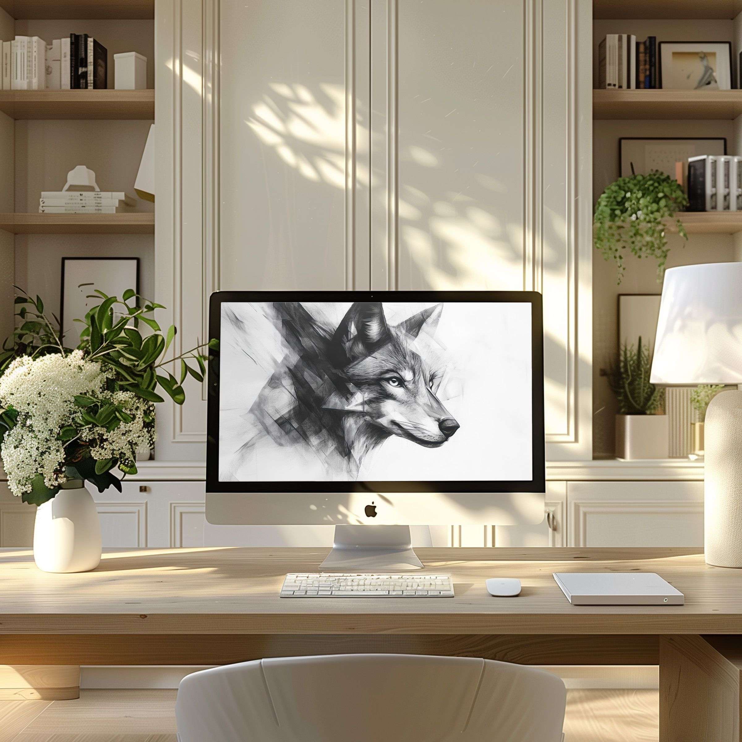 Elegant abstract wolf art wallpaper for computer brings calm to modern home office, perfect for PC, laptop, ultrawide screens