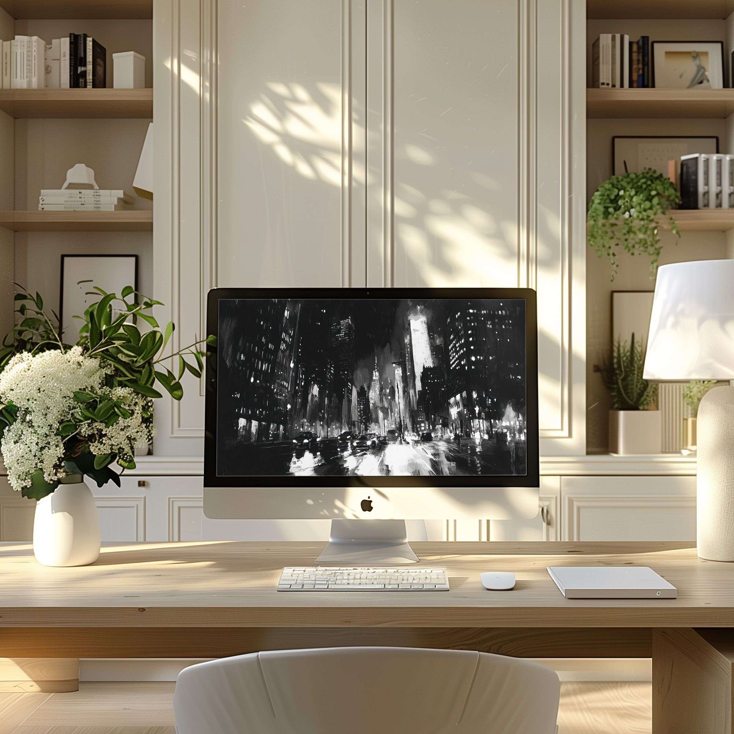 Urban cityscape wallpaper for computer evokes calm elegance in a modern home office, perfect for PC or laptop digital download