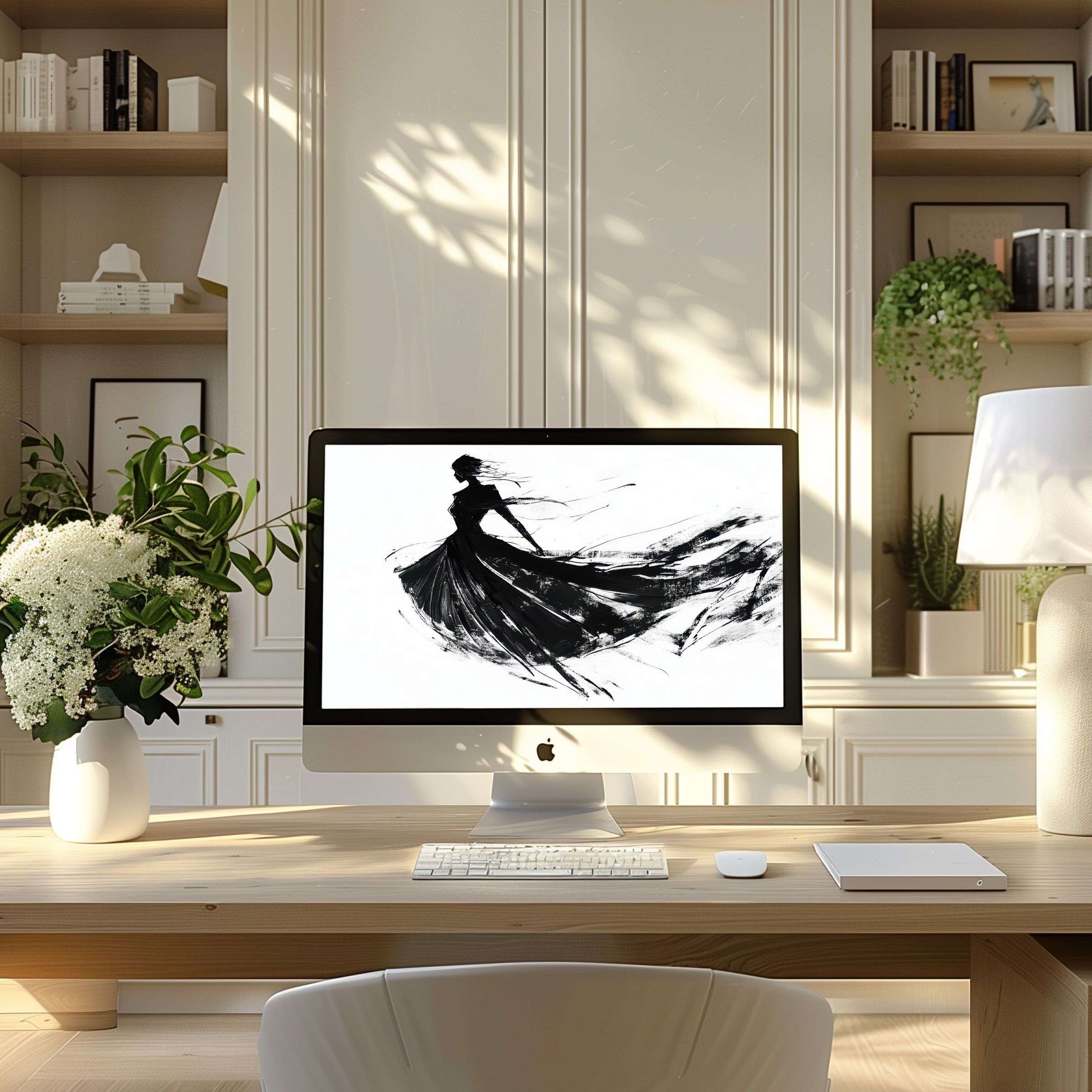 Elegant black and white artwork wallpaper for computer brings calm inspiration to modern home office fits PC and laptop displays