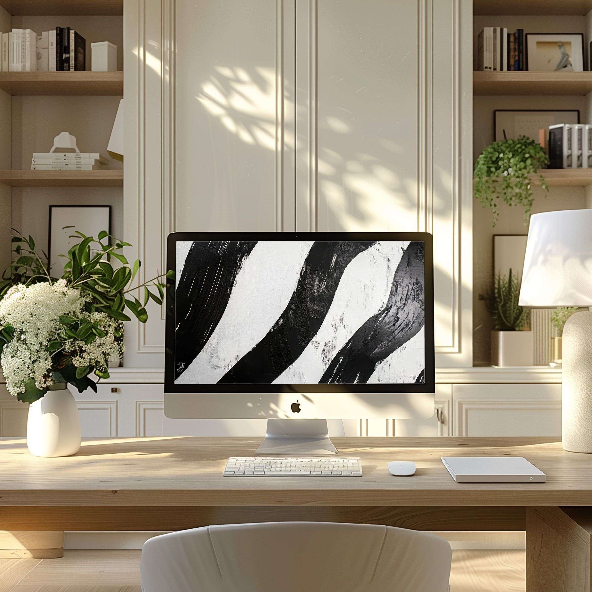 Elegant black and white abstract digital art wallpaper for computer creates calm inspiration in a modern home office setup for PC and Laptop