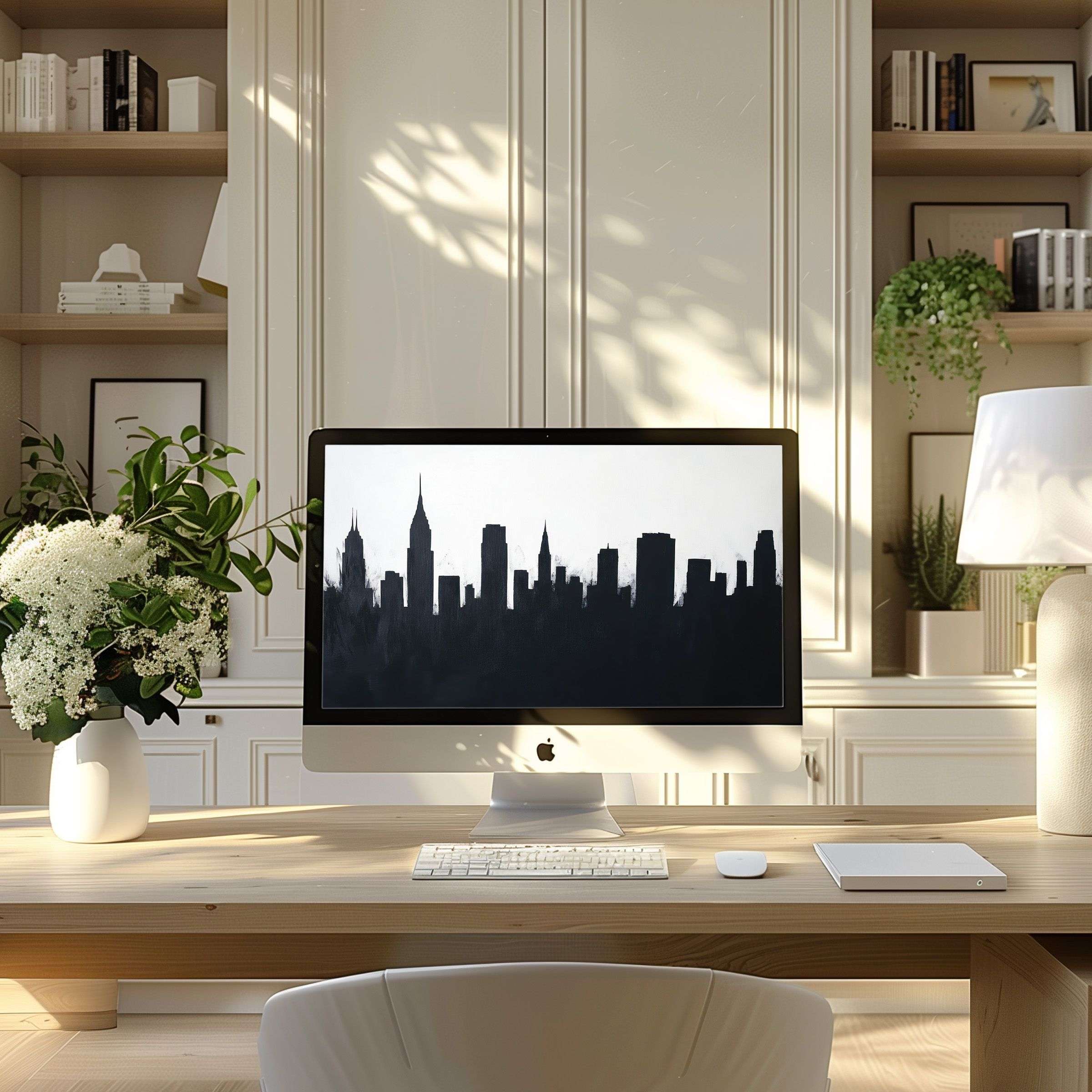 Elegant black and white skyline digital art wallpaper for computer creates a calm inspiring atmosphere on any PC or laptop display