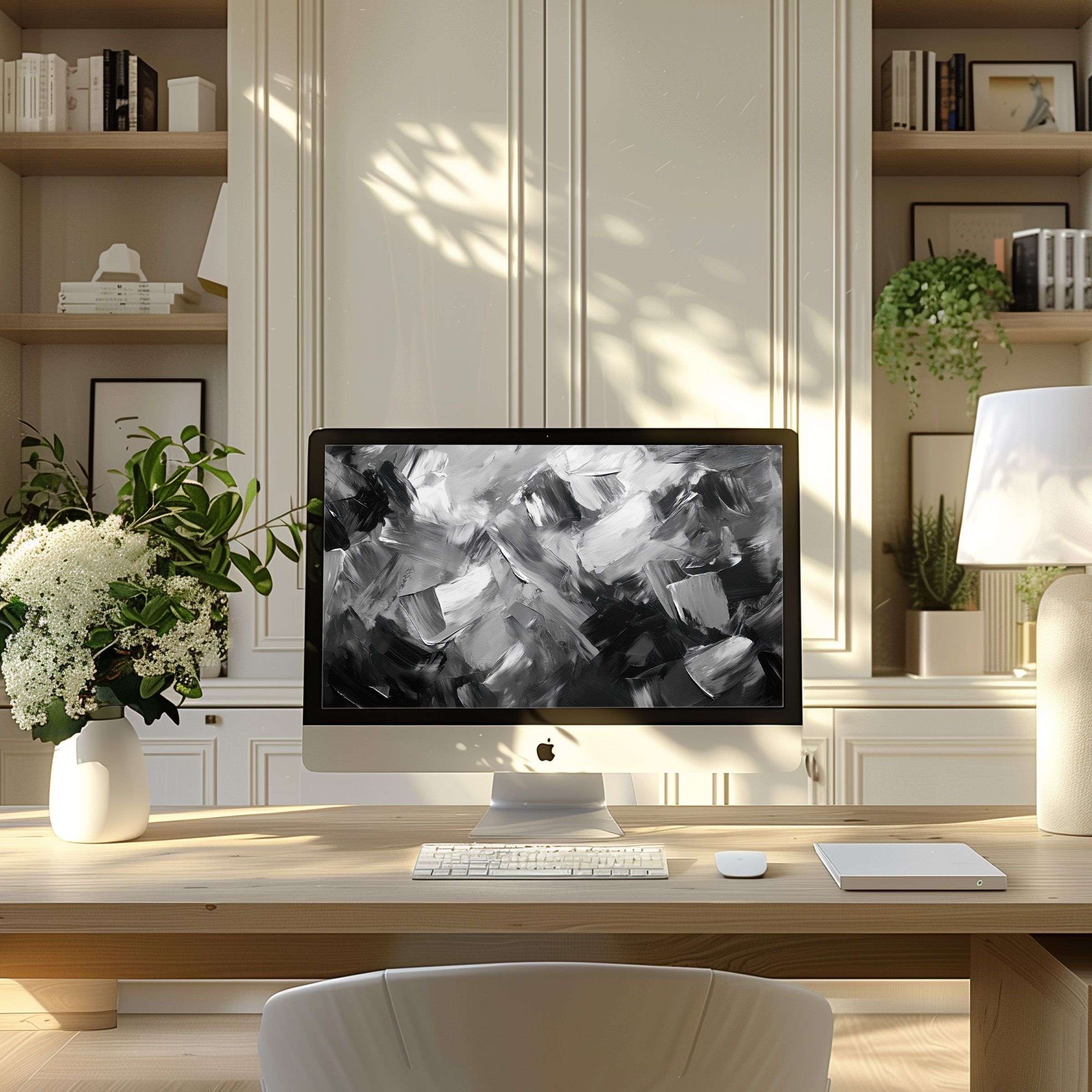 Elegant abstract black and white wallpaper for computer, perfect for PC or laptop in a calming, modern home office setting